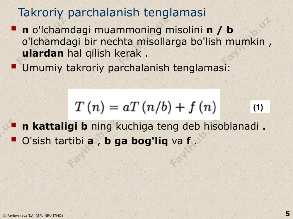 tlarni o'tkazib yuboradi va havoladan kichik bo'lmagan birinchi elementda to'xtaydi. o'ngdan chapga o'tish (j) havoladan kattaroq elementlarni o'tkazib yuboradi va havoladan katta bo'lmagan birinchi elementda to'xtaydi. agar skanerlash indekslari kesishmasa, biz topilgan elementlarni almashtiramiz va o'tishlarni davom ettiramiz. agar indekslar kesishsa, qo'llab-quvvatlash elementini aj bilan almashtiring © pavlovskaya t.a. (spb nru itmo) 14 14 algoritmni yaxshilash takomillashtirilgan qo'llab-quvvatlash elementini tanlash usullari pastki qatorlar rekursiyani olib tashlash birgalikda bu yaxshilanishlar algoritmning ishlash vaqtini 20-25% ga qisqartirishi mumkin (r. sedgwick ) © pavlovskaya t.a. (spb nru itmo) 15 tez saralashning muhimligiga asoslanib, ko'p yillar davomida urinishlar qilingan asosiy algoritmni takomillashtirish. boshqa yaxshilanishlar qatorida turli tadqiqotchilar tomonidan - qo'llab-quvvatlash elementlarini tanlashning takomillashtirilgan usullari (masalan, uchta elementning medianasiga asoslangan bo'linish, qachonki kabi mos yozuvlar elementi eng chap, eng o'ng va o'rta elementlarning medianasidan foydalanadi pastki qatorlar uchun oddiyroq saralashga o'tish , rekursiv bo'lmagan tez tartiblash deb ataladigan ). ga binoan tez saralash sohasida yetakchi …