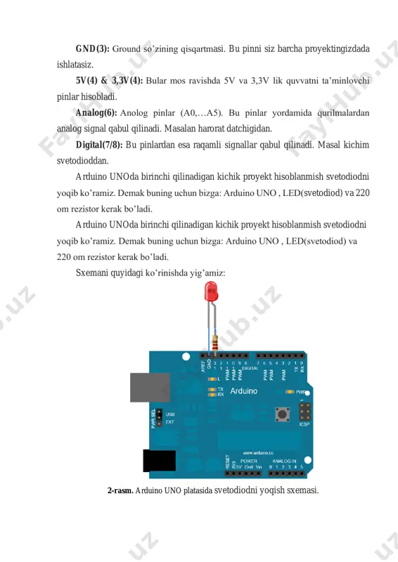 di. arduino unoda birinchi qilinadigan kichik proyekt hisoblanmish svetodiodni yoqib ko’ramiz. demak buning uchun bizga: arduino uno , led(svetodiod) va 220 om rezistor kerak bo’ladi. sxemani quyidagi ko’rinishda yig’amiz: 2-rasm. arduino uno platasida svetodiodni yoqish sxemasi. va arduino ide dasturlash muhitida quyidagi kodni yozish orqali biz ledni 1 sekund yonib 1 sekund o’chish holatini takrorlanishiga erishamiz: 3-rasm. dastur kodi. amaliy mashg’ulotni bajarish: tuproq namligini o’lchash: 4-rasm. tuproq namligini aniqlovchi datchik. 5-rasm. arduino platasi yordamida tuproq namligini aniqlavchi datchik sxemasi. 6-rasm. arduino dasturida yozilgan tuproq namligini aniqlash kodi. temperatura va namlikni o’lchash. 7-rasm. harort o’lchovchi dht11 va dht22 datchigi. 8-rasm. sxema ko’rinishi. 9-rasm. dastur kodi. 10-rasm. natija. nazorat uchun savollar: 1. harort o’lchovchi dht11 va dht22 datchigi farqi nimada? 2. «aqlli» qishloq xo’jaligi tushunchasi nima? 3. arduino nima? 4. datchiklarning qanday turlari mavjud?