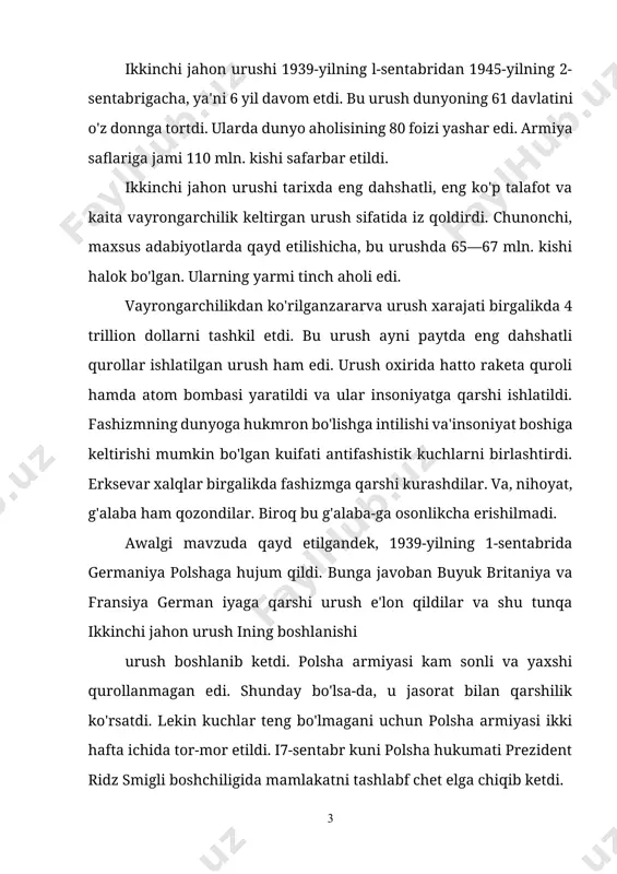 ati va germaniya o'rtasida «do'stlik va chegara to'g'risida* shartnoma imzolandi. unga ko'ra, mustaqil polsha davlati tugatildi va bo'lib olindi. ayni paytda g'arbiy ukraina va g'arbiy belorussiya sovet davlatiga berildi. polshaning germaniya bilan chegaradosh bo'lgan yerlari germaniya-ga o'tdi. u yerda nemis general-gubernatorligi tuzildi. 1939-yilning 2s-sentabrida imzolangan sovet-german shartnomasiga ko'ra, sovet hukumati boltiqbo'yi respublikalaridan sovetlar armiyasini bu respublikalarda joy-lashtirish va o'zaro yordam to'g'risida shartnoma imzolashni talab eidi. boltiqbo'yi respublikalarining bu talabga bo'ysunmaslikka ilojlari y«'^ edi. 30-noyabr kuni sovet armiyasi finlandiyaga hujum qildi. bu qilmishi uchun sovet davlati millatlar ligasidan chiqarildi. (millatlar ligasiga 1934-vitda qabul qilingan edi.) buyuk britaniya va fransiya germaniyaga qarshi urush e'lon qilgan bo'lsalar-da, biroq faol harbiy harakatlar boshlamadilar. germaniya armiya- g'arbiy frontdagi ahvol. sining asosiy kuchlari polsha bilan band bo'lib qolgan paytda bunday imkoniyat bor edi. buyuk britaniya va fransiyaning bu pozitsiyasi 1940-yilnmg bahorigacha davom etdi. ularning faolsizligi urush tarixiga «g'alati urush* nomi bilan kirdi. buyuk britaniya va fransiya …