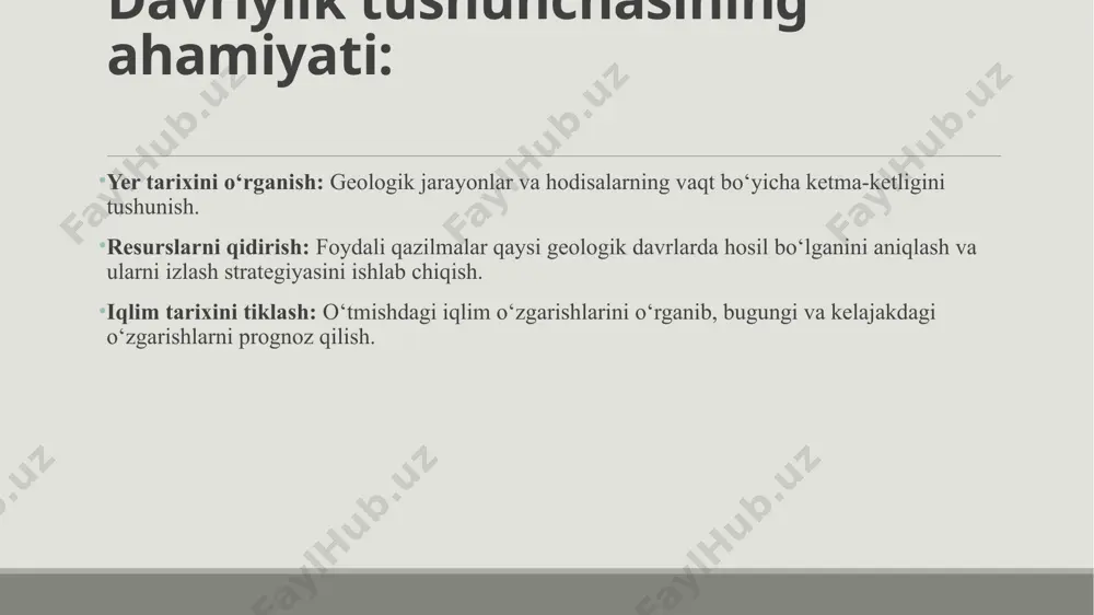 y tahlil jinslarning kimyoviy tarkibi, masalan, temir, sulfat yoki silitsiy minerallarining mavjudligi, ularning hosil bo‘lish sharoitlari haqida ko‘plab ma’lumot beradi. masalan, sulfatlar ko‘pincha bug‘lanish sharoitida yoki tuzli suv havzalarida shakllanadi, temir oksidlari esa oksidlanish sharoitlarida​ fossillar va biogeokimyoviy indikatorlar fossillar cho‘kindi jinslarda paydo bo‘lish sharoitlari haqida ko‘plab ma’lumotlar beradi. agar jinslarda o‘simlik yoki hayvon qoldiqlari topilsa, ularning tipik ekologik sharoitlari va ularning atrof-muhitdagi o‘zgarishlarga qanday javob bergani haqida ma’lumot olish mumkin. bu sharoitlarning aynan qanday bo‘lgani paleontologik tahlil orqali aniqlanadi​. geokimyoviy analizlar geokimyoviy tahlillar, masalan, isotoplarning nisbati yoki mikroelementlar tarkibi, jinslarning hosil bo‘lgan sharoitlarini aniqlashda muhim ahamiyatga ega. misol uchun, turli iqlim sharoitlarida cho‘kindi jinslarda qaysi minerallar ko‘proq uchraydi yoki qanday kimyoviy o‘zgarishlar yuz beradi, bu usul bilan aniqlanishi mumkin​ ushbu metodlar orqali geologlar va ilmiy tadqiqotchilar cho‘kindi jinslarning o‘tmishdagi hosil bo‘lish sharoitlari haqida aniq tasavvurga ega bo‘lishadi va bu yer yuzasi va iqlim o‘zgarishlarini o‘rganishda muhim vosita hisoblanadi. xulosa …