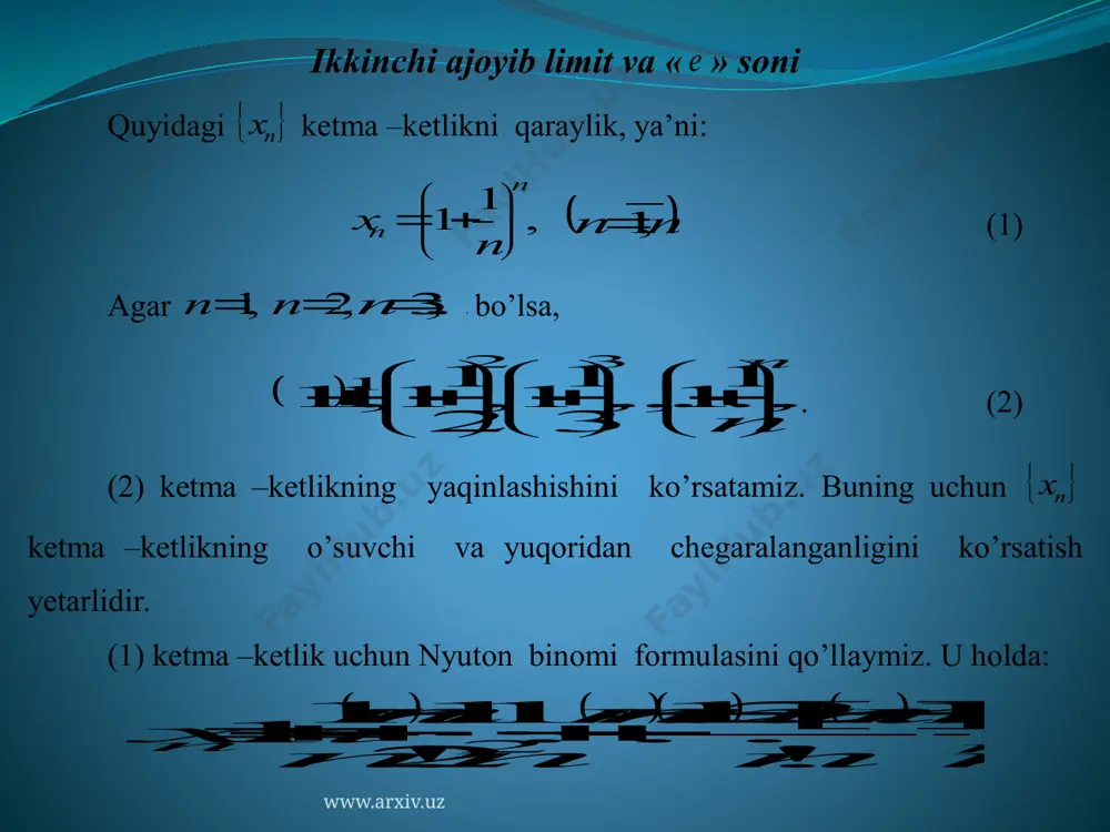 e » soni 71828,2 ga teng bo’lib, u irrasional sondir. (7) ni quyidagi ko’rinishda ham yozish mumkin: 71828,2 1 1lim          e n n n . (9) misollar 1-misol. x x x         1 1lim limitni hisoblang. yechish: . 2 1 1lim 2 1 1lim 2 1 1lim 1 1lim 2 2 2 2 22 2 e xxx x x x x x x x x x                                                                     …