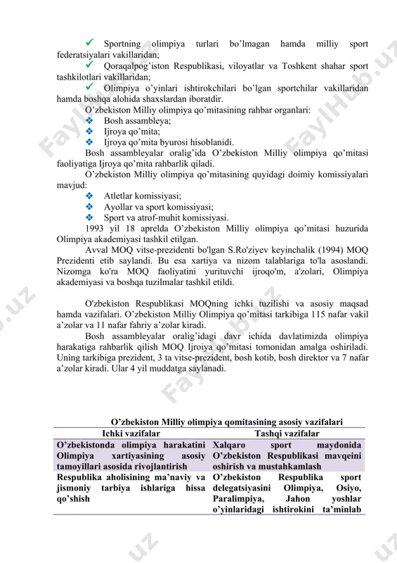osida amalga oshiradi. o’zbekiston milliy olimpiya qo’mitasining asosiy vazifalari quyidagilardan iboratdir: · o’zbekistonda olimpiya harakatini rivojlantirish, olimpizm g’oyalarini keng targ’ib etish; · xalqaro olimpiya qo’mitasi, osiyo olimpiya kengashi, boshqa mamlakatlar milliy olimpiya qo’mitalari, xalqaro sport federatsiyalari va uyushmalari bilan hamkorlik qilish, xoqning “olimpiya birdamligi” dasturida ishtirok etish; · mamlakat terma jamoalari va sport zaxiralarini tayyorlashda davlat, jismoniy tarbiya va sport tashkilotlariga ko’maklashish; · respublika aholisini jismoniy va ma’naviy tarbiyalashga, jismoniy tarbiya va sport, milliy sport turlarini, nogironlar o’rtasida sportni rivojlantirishni ta’minlash; · yoshlarni boshqa mamlakatlar sportchilari bilan do’stlik va birodarlikni mustahkamlash, musobaqalarda halol kurashish, raqibiga olijanoblik bilan munosabatda bo’lish tamoyillari asosida tarbiyalash; · o’zbekiston sportchilari yutuqlarini keng targ’ib qilish; · sport kadrlari o’rtasida tajriba almashish, ular malakalarini oshirish uchun anjumanlar tashkil etish. o’zbekiston milliy olimpiya qo’mitasi milliy olimpiya qo’mitalari assotsiatsiyasi – anokning teng huquqli a’zosidir. o’zbekiston milliy olimpiya qo’mitasi tarkibi quyidagilardan iborat: · o’zbekiston milliy olimpiya qo’mitasi prezidenti, bosh kotibi, …