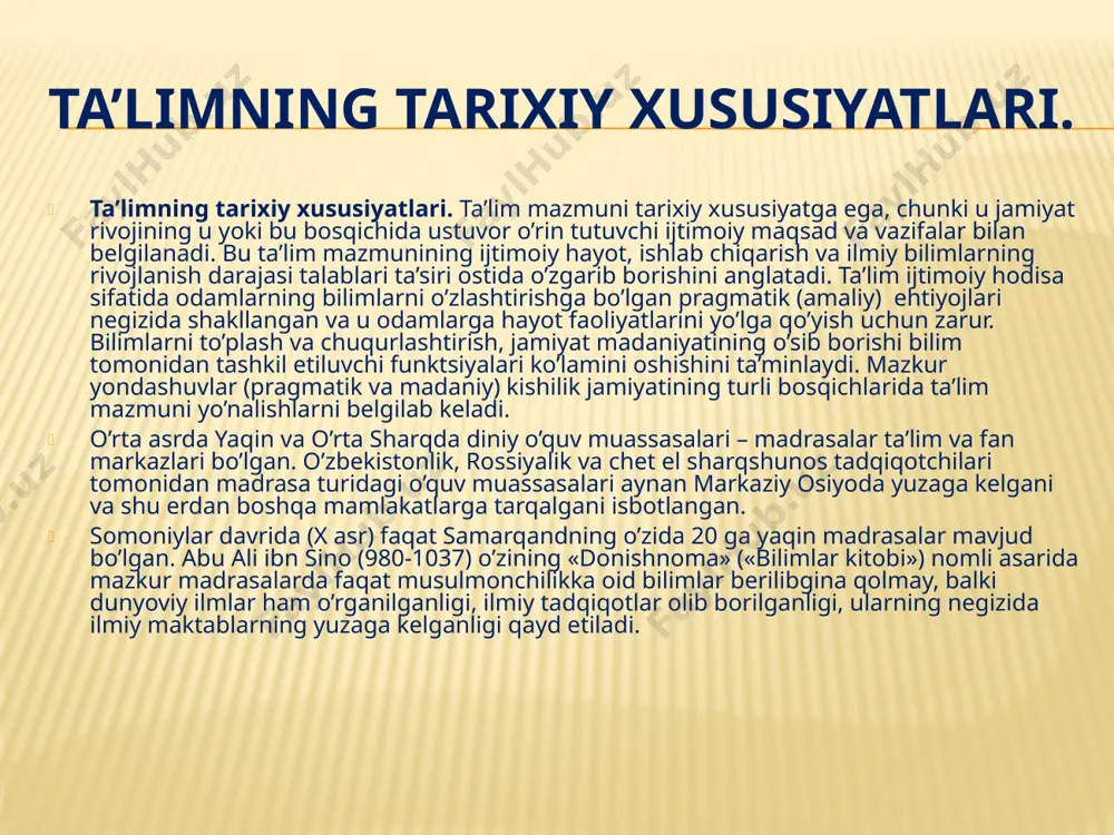 i: 1) olam haqidagi bilimlar; 2) faoliyatni amalga oshirish usullari tajribasi; 3) ijodiy faoliyat tajribasi; 4) atrof-muhitga emotsional (hissiy) qadriyatli munosabat tajribasi. bilim va ko’nikmalar ijodiy faoliyat asosi bo’lib qolishi mumkin, lekin unga tayyorlikka kafolat bo’la olmaydi. ijodga, ta’limning o’ziga xos turi sifatida maxsus o’qitish kerak bo’ladi. atrof-muhitga emotsional-umumiy munosabatda bo’lish u haqida bilish, lekin ularga to’g’ridan-to’g’ri bog’liq bo’lmaslikni nazarda tutadi. uni rivojlantirish uchun o’qitish jarayonida maxsus ishlash olib berish zarur. ilmiy asoslangan ta’lim mazmunini qanday aniqlash mumkin? ta’lim mazmuniga nima ta’sir ko’rsatadi? u nimaga bog’liq bo’ladi? ta’lim mazmunini aniqlovchi asosiy omillar quyidagilardan iborat bo’ladi: fan, texnika, madaniyatning jamiyatda rivojlanganligi darajasi; ta’limning maqsad va vazifalari; o’quvchilarning yoshi xususiyatlari; o’quvchi shaxsining ehtiyojlari. umumiy o’rta va o’rta maxsus ta’lim mazmuni o’quvchilarda atrof-muhit haqida umumiy tasavvurlarni hosil qilishi, ularni o’zlarining amaliy faoliyatlari uchun zarur bo’lgan bilimlarni izlashg va bu bilimlarni hayotiy muammolarni hal etishda qo’llashga o’rgatishi kerak. ta’lim mazmuni o’quv rejalari, o’quv dasturlarida, …
