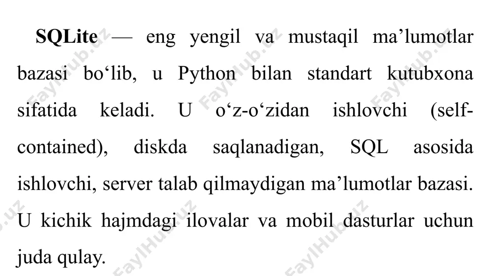 motlarni parallel qayta ishlash mumkin. moslashuvchanlik – jadval tuzilishini oldindan belgilash shart emas. murakkab bog‘lanishsiz ishlash – relatsion bog‘lanishlarga ehtiyoj yo‘q. dasturiy ishlab chiqish uchun qulaylik – json yoki xml formatlaridan foydalanish mumkin. kamchiliklari: tranzaksiyalar (acid) to‘liq qo‘llanilmaydi – bank va moliyaviy tizimlar uchun mos emas. har doim bir xil sintaksisga ega emas – har bir nosql db o‘z uslubida ishlaydi. ko‘p turli so‘rovlarni bajarish qiyinroq – sql dagi kabi murakkab join operatsiyalari yo‘q. sqlalchemy ma’lumotlar bazasini obyekt sifatida boshqarish imkonini beradi. python uchun orm (object-relational mapping) kutubxonasi. pip install sqlalchemy from sqlalchemy import create_engine, column, integer, string from sqlalchemy.ext.declarative import declarative_base from sqlalchemy.orm import sessionmaker engine = create_engine("sqlite:///example.db") base = declarative_base() class user(base): __tablename__ = "users" id = column(integer, primary_key=true, autoincrement=true) name = column(string) age = column(integer) base.metadata.create_all(engine) session = sessionmaker(bind=engine) session = session() # ma'lumot qo'shish new_user = user(name="shoxrux", age=30) session.add(new_user) session.commit() e’tiboringiz uchun rahmat! image1.png image2.jpeg image3.png …