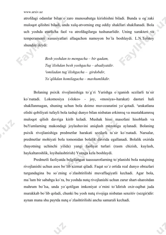 oitdan mahrum bo`lsa, unda yo`qotilgan imkoniyat o`rnini to`ldirish oxir-oqibat juda murakkab bo`lib qoladi, chunki bu yosh nutq rivojiga nisbatan senzitiv (sezgir)dir: aynan mana shu paytda nutq o`zlashtirilishi ancha samarali kechadi. ilk bolalik yoshi – bolada faol nutq shakllanishi davridir. bir yarim yoshgacha bola 30-40 tadan 100 tagacha so`z o`zlashtiradi, ikkinchi yil oxirida bola 300 tagacha, uchinchi yil oxirida esa 1500 tagacha so`z ishlatadi. nutq rivojlanishi ona tilining tovush xususiyati va grammatik tuzilishini egallashni taqozo etadi. dastlab bola nutqni so`zning umumiy ritmik-melodik (tezlik, ohang) tuzilishini ilib olish yo`li bilan qabul qilsa, ikkinchi yil oxiriga kelib u ona tilining barcha tovushlarini fonematik qabul qiladigan bo`ladi va shu asosda lug`at va so`zlarni to`g`ri talaffuz qilishni o`rganadi. faol nutqning shakllanishi bolaning butun psixik rivojlanishi uchun asos bo`lib xizmat qiladi. ilk bolalikdagi aqliy rivojlanish. bolalik avvalida bola atrofidagi predmetlar xususiyatini, predmetlar orasidagi eng oddiy aloqalarni ilg`aydi va ulardan foydalana boshlaydi. bu predmetli faoliyat, oddiy elementar …