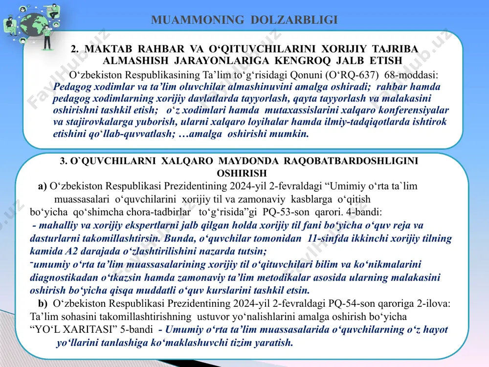 f a l a r ta’lim muassasining aniq missiyasini belgilash o‘qituvchilarning malakasini oshirish uchun xalqaro seminar va treninglarda ishtirokini ta`minlash o‘qituvchilar va o‘quvchilarni xalqaro innovatsion ta’lim loyihalarida muntazam ishtirokini ta`minlash xalqaro grant loyihalar va ta`lim dasturlarida ishtirok etish orqali maktab infratuzilmasini rivojlantirish o‘quvchilarni xorijiy tillarni, it sohasidagi bilimlarni mukammal o‘rganishinlariga ko‘maklashish muammo yuzasidan xorijiy tajribalar tahlili singapur ta’lim tizimi boshqa mamalakatlar ilg‘or ish tajribalarini o‘rganib, ularni o‘z tizimiga tadbiq etishga e’tibor qaratadi. bu orqali ta’lim imkoniyatlari kengayadi, global ta’lim landshaftidagi ta’sirini kuchaytiradi, o‘quv dasturlarini boyitadi. qolaversa, singapurda “o‘quvchi almashinuvi” dasturlari ham mavjud. jumladan, singapur ta’lim vazirligi xitoy va hindiston bilan o‘quvchi almashinuvini yaxshi yo‘lga qo‘ygan. dunyoning yetakchi davlatlari bilan ayniqsa, aqsh va angliyaning ko‘plab xalqaro ta’lim tashkilotlari bilan hamkorlik qilib kelmoqda. so‘nggi yillarda o‘zbekiston bilan ham hamkorlik ishlari samarali olib borilmoqda. fransiya maktablari ko‘plab xalqaro ta’lim dasturlarida va almashinuvlarda ishtirok etadi. masalan, yevropa ittifoqining erasmus+ dasturi asosida fransiya maktablari yevropaning …