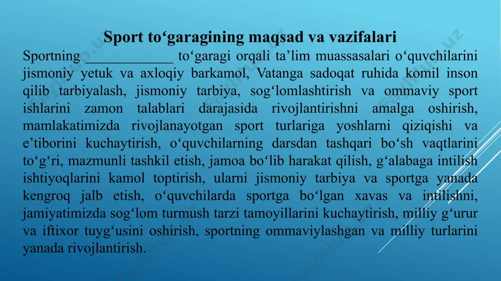r uchun faqatgina harakatga keltiruvchi, deb hisobga olinishi kerak. ba’zi bolalarda idrok qilish,, ko‘rish analizatorlariga tayanch bo‘lib o‘ziga xos xususiyatini bilish o‘qituvchiga bu pritsipini yakka tartibda amalga oshirishda yordam beradi. uzviylik va izchillik prinsipi uzviylik va izchillik prinsipi ta’lim strukturaasini aniqlashni ko‘zda tutadi. mashg‘ulot uzviyligi mashg‘ulotni va o‘quv materiallarini aniq rejalashtirish demak. yangi materialni o‘zlashtirishda oldin o‘zlashtirilgan bilimlarga tayanish lozim bu harakat malakalarini mustahkamlash va kengaytirish imkonini beradi. dastlab asosiy usullarni o‘rganiladi, busiz o‘yin bo‘lish mumkin emas (basketbolda to‘pni ilib olish va uzatish, voleybolda to‘pni uzatish va to‘r ustidan oshirish, futbolda to‘pni to‘xtatish, zarba berish va sh.k.). keyin murakkabroq kombinatsion harakatlarga o‘tiladi, ikki yoki ortiq o‘yin harakatlarini oddiy yoki soddalashtirganlarini o‘rganiish boshlanadi, keyinchalik murakkab sharoitda muntazam ravishda mashq qilib, harakatlar asta - sekin takomillashtirib boriladi. bosqichlilik prinsipi bosqichlilik prinsipi murakkab o‘yin usullarini egallashga imkon beradigan ahloqiy-irodaviy sifatlarni rivojlantirish, texnik va taktik arsenalni kengaytirish, mashq texnikasini murakkablashtirish, yuklamani intensivligi va hajmini …