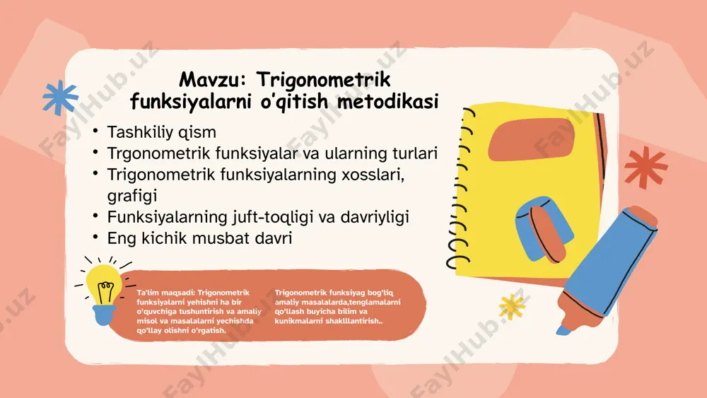 yetarli. hosil bo`lgan chiziq sinusoida deyiladi 𝒚 = 𝒄𝒐𝒔𝒙 funkisya aniqlanish sohasi 𝑫(𝒇)barcha haqiqiy sonlar to`plami r dan iborat. 𝒚 = 𝒄𝒐𝒔𝒙 funkisyaning (o`zgarish sohasi) 𝑬(𝒇) −𝟏; 𝟏 yopiq kesmadan iborat bo`lib, 𝒙 = 𝟐𝝅𝒌, 𝒌 ∈ 𝒁 qiymatlarida funksiya eng katta qiymatiga ega bo`ladi va bu qiymat 1 ga teng. 𝐱 = 𝟐𝝅 + 𝟐𝝅𝒌, 𝒌 ∈ 𝒁 qiymatlarida esa u eng kichik qiymatiga ega bo`ladi. 𝒚 = 𝒄𝒐𝒔𝒙 funksiya juft funksiya, uning grafigi 𝑶𝒚 o`qiga nisbatan simmetrik, ya`ni 𝐜𝐨𝐬 −𝒙 = 𝒄𝒐𝒔 𝒚 = 𝒄𝒐𝒔𝒙 funksiya − 𝝅 𝟐 + 𝟐𝝅𝒌 < 𝒙 < 𝝅 𝟐 + 𝟐𝝅𝒌 (𝒌 ∈ 𝒁) qiymatlarida musbat, 𝝅 𝟐 + 𝟐𝝅𝒌 < 𝒙 < 𝟑𝝅 𝟐 + 𝟐𝝅𝒌 (𝒌 ∈ 𝒁) qiymatlarida esa manfiy. 𝒚 = 𝒄𝒐𝒔𝒙 funksiya 𝟐𝝅𝒌 < 𝒙 < 𝝅 + 𝟐𝝅𝒌 qiymatlarida monoton kamayuvchi, 𝛑 + 𝟐𝝅𝒌 < 𝒙 < 𝟐𝝅 + 𝟐𝝅𝒌 qiymatlarida monoton o`sadi. 𝒚 = …