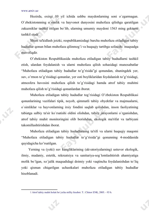 dlar hisoblanadi. tabiiy obyektlar va majmualarni saqlab qolish, takror ko`paytirish va tiklash maqsadida muhofaza etiladigan tabiiy hududlarda muhofaza qilish va foydalanish rejimi o`rnatiladi. muhofaza etiladigan tabiiy hududlar biologik, landshaft rang-barangligini ta'minlash va ekologik muvozanatni saqlab turish uchun mo`ljallangan yaxlit ekologik tizimni tashkil etadi. tabiat rang-barangligini saqlab qolish, ekologik muvozanatni va biosfera monitoringini saqlab turishga, shuningdek shikast yetgan tabiiy majmualarni tiklashga mo’ljallangan yagona tizimni tashkil etuvchi o’zbekiston respublikasining muhofaza etiladigan tabiiy hududlarni xo’jalik maqsadida foydalanishdan to’liq yoki qisman, bir umrga yoki vaqtincha tortib olinishi mumkin. tabiiy zaxiralardan foydalanish va ularni muhofaza qilishga doir rejalar va dasturlar, yer tuzilishi va joylarni tekislash kesmalari hamda boshqa rejalarni ishlab chiqishda muhofaza etiladigan tabiiy hududlar hisobga olinadi. muhofaza etiladigan tabiiy hududlar belgilangan maqsadi va rejimiga qarab quyidagi toifalarga bo`linadi: davlat qo`riqxonalari; majmua (landshaft) buyurtma qo`riqxonalari; tabiat bog`lari; davlat tabiat yodgorliklari; ayrim tabiiy obyektlar va majmualarni saqlab qolish, takror ko`paytirish va tiklash uchun mo`ljallangan hududlar; muhofaza …