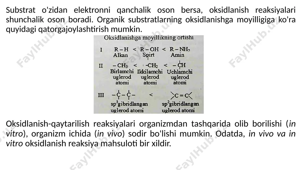 aylanadi. gidroxinon o'z navbatida sito-xrom sistemasi orqali kislorodga elektron berib, yana xinongacha oksidlanadi. shunday qilib, xinon- gidroxinon sistemasi organizmda substratdan kislorodga elektron tashish jarayonida qatnashadi. oksidlanish-qaytarilish jarayonlari inson organizmidagi barcha jarayonlarning asosi bo'lib, hujayralarni energiya bilan ta' minlashda muhim rol o'ynaydi. bu energiya issiqlik holida tarqalib, organizmning haroratini (36,6°c) ushlab turishi uchun sarf bo'ladi va jamlangan atf holida yig'iladi. organizmda kuchli oksidlovchilar ta'sirida gemoglobin oksidlanib metgemoglobin hosil bo'ladi. u kislorod biriktirish qobiliyati ga ega emas, shuning uchun organizmda kuchli zaharlanish belgilari paydo bo'ladi. oksidlanish-qaytarilish jarayonlari organizmdagi modda almashinishjarayonini o'rganishdajuda muhim ahamiyatga ega. oziqalar parchalanishi, nafas olish jarayoni va boshqalar barchasi oksidlanish-qaytarilish reaksiyalariga asoslangan. organik kimyo bo’yicha masalalar 1. 8 g metanning to'liq xlorlanishi natijasida ajralgan gazni to'liq neytrallash uchun qancha (ml) 20% li naoh (p = 1,1 g/sm3) eritmasi zarur bo'ladi? 456 b) 400 c) 265,6 d) 363,6 2. ch4, c2h6 va c3h8 aralashmada gazlar nisbati 6:3:2 ga teng. ularning …