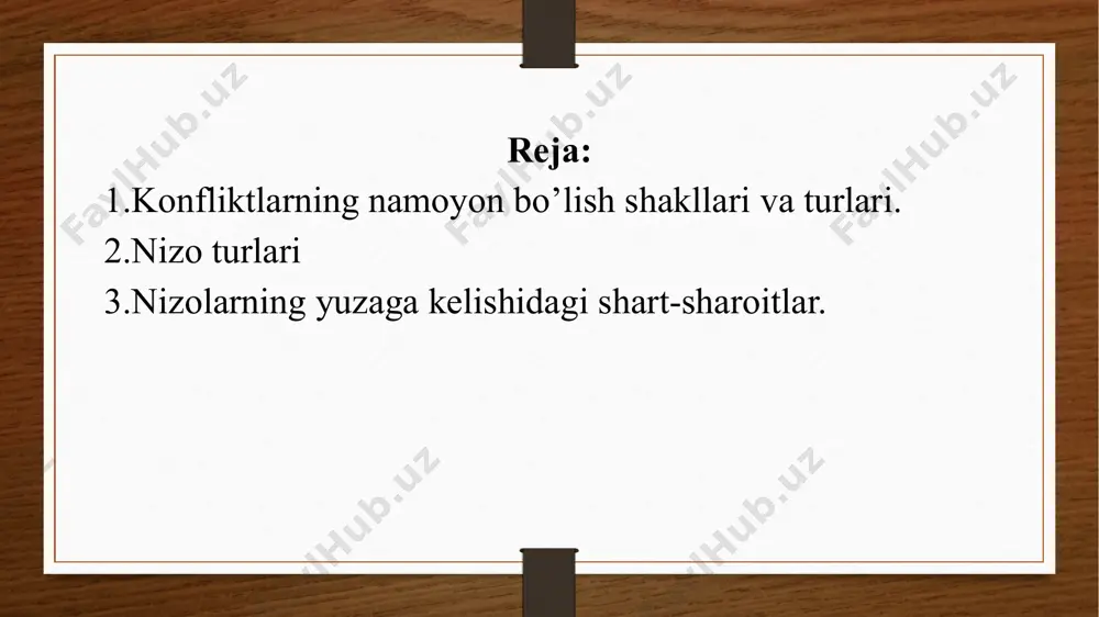 tishi mumkin. 3) raqobat – konfliktning alohida toifasi bo‘lib, undan maqsad – biron-bir foyda, daromad ko‘rish yoki kamyob ne’matlarga erishish. antagonistik konfliktlarning quyidagi turlari mavjud: 1) norozilik – mavjud holatdan aniq ifodalanmagan holda norozilik bildirish. avvaliga asabiylashuv paydo bo‘lib, u va nizoli vaziyatga o‘tib boradi. noaniq maqsadlar nisbatan aniq ifodalangan talablarga aylanib, lekin norozilik tashkilotchilari ning istaklari hamisha ham tushunarli emas, ya’ni ularning irodasi aniq ifodalanmagan. norozilik o‘sib, g‘alayon yoki qo‘zg‘olonga o‘tib ketishi mumkin; 2) g‘alayon – shaxs yoki jamoa agressiyasining jamoaviy norozilikni yuksak darajada uyushtirgan holda agressiv tarzda ifodalash; 3) qo‘zg‘olon – shaxs yoki jamoa agressiyasining jamoaviy norozilikni yuksak darajada uyushtirgan holda muayyan maqsadga qarata ifodalash; 4) inqilob – konfliktning oliy shakli, ko‘rinishi bo‘lib, norozilik ning eng so‘nggi shakli, mavjud tuzumni siyosiy ag‘darib tashlash yo‘li, sotsial-iqtisodiy tartibning sifat jihatidan o‘zgarishini anglatadi. odatda, inqilob harakatning zo‘ravonlik ishlatgan holdagi harbiy usulini va keng ommaning jalb etilishini nazarda tutadi. antagonistik konfliktlarning quyidagi …