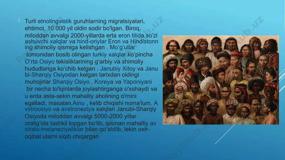 chjuanglar kiradi. , mo'g'ullar va boshqa mo'g'ul xalqlari . sharqiy osiyoliklarning ajdodlari arxeogenetik maʼlumotlarga asoslanib, materik janubi-sharqiy osiyoda paydo boʻlgan va janubiy xitoydan shimolga va janubga koʻp toʻlqinlar boʻylab tarqalib ketgan deb taxmin qilinadi. sharqiy osiyo sharqiy osiyoliklar materik xitoy , gonkong , makao , tayvan , yaponiya , mo'g'uliston , shimoliy koreya va janubiy koreyadan iborat sharqiy osiyoning tub aholisi bo'lgan etnik guruhlar uchun ishlatiladigan atamadir . [sharqiy osiyoning oʻzagini tashkil etuvchi asosiy etnik guruhlar xan , koreys va yamatodir . sharqiy osiyoning boshqa etnik guruhlariga bay , hui , tibet , turkiy , manjur , ryukyuan , aynu , chjuanglar kiradi. , mo'g'ullar va boshqa mo'g'ul xalqlari . sharqiy osiyoliklarning ajdodlari arxeogenetik maʼlumotlarga asoslanib, materik janubi-sharqiy osiyoda paydo boʻlgan va janubiy xitoydan shimolga va janubga koʻp toʻlqinlar boʻylab tarqalib ketgan deb taxmin qilinadi. shimoliy osiyo mintaqaning janubi-g'arbiy va markaziy qismida yevropa ta'siri , ayniqsa ruslar kuchli, chunki sharqiy …