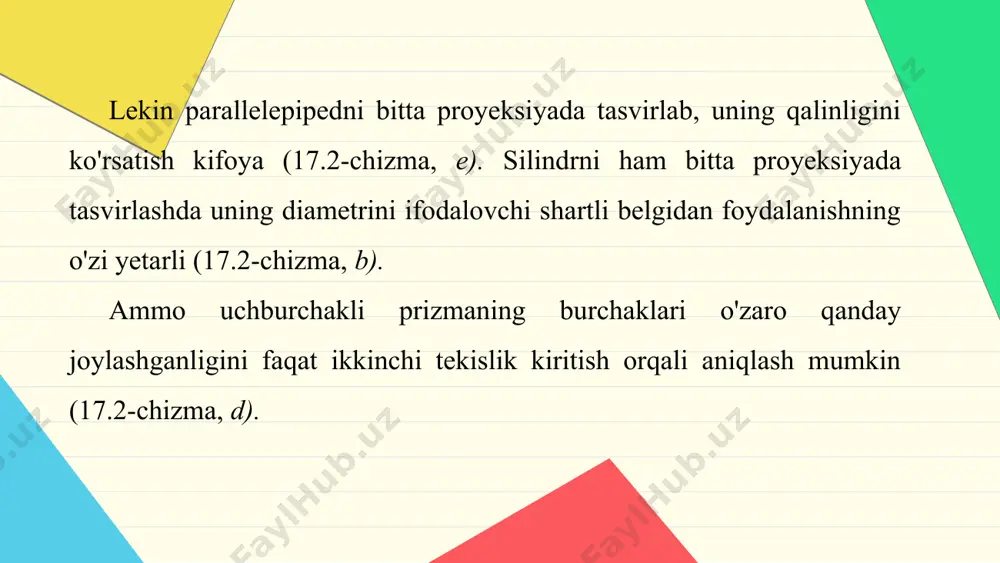17-mavzu modelni bitta, o'zaro perpendikular ikkita va uchta tekislikka proyeksiyalash 8-sinf - Page 5