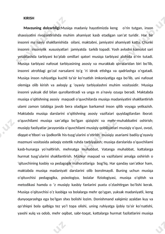 mehnatga muhabbat, vatanga muhabbat, kattalarga hurmat tuyg‘ularini shakllantirish. mazkur maqsad va vazifalami amalga oshirish o ‘qituvchining kasbiy va pedagogik mahoratlariga bog'liq. har qanday san’atkor ham, maktabda musiqa madaniyati darslarini olib borolmaydi. buning uchun musiqa o‘qituvchisi pedagogika, psixologiya, boialar fiziologiyasi, musiqa o‘qitish va metodikasi hamda o ‘z musiqiy kasbiy fanlarini puxta o‘zlashtirgan bo‘lishi kerak. musiqa o‘qituvchisi o‘z kasbiga va bolalarga mehr qo‘ygan, yuksak madaniyatli, keng dunyoqarashga ega bo‘lgan shxs bolishi lozim. donishmand xalqimiz azaldan kuy va qo'shiqni bola qalbiga tez yo‘l topa olishi, uning ruhiyatga ijobiy ta’sir ko‘rsatishi, yaxshi xulq va odob, mehr oqibat, sabr-toqat, kattalarga hurmat fazilatlarini musiqa orqali tarkib topishini azaldan anglab yetgan. oilada farzandni qo‘shiq aytishga, soz chalishga o‘rgatish ota-ona orzusi hisoblangan. bola musiqa bilan ona allasi orqali tanishib, musiqadan umrbod ozuqa oladi. chunki bola hali yurishni, so‘zlashni bilmay turib, musiqani eshitib, turli qo‘l harakatlari bilan musiqaga munosabatini bildiradi. shuning uchun azaldan har bir oilada musiqa cholg‘u asboblaridan …