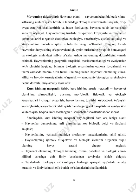 llari, ya’ni yovvoyi va uy hayvonlarining sistematik guruhlari, ularning tashqi va ichki tuzilishi, hayot faoliyati, yashash muhiti bilan bog‘liq biologik xususiyatlari hisoblanadi. konkret qilib aytganda, kurs ishining obyekti sifatida quyidagi guruhlar o‘rganiladi: – umurtqasiz hayvonlar: hasharotlar, chuvalchanglar, mollyuskalar va boshqa turlar, ularning oddiy tuzilishidan tortib murakkab harakat va ko‘payish tizimlarigacha; – umurtqali hayvonlar: baliqlar, sudraluvchilar, qushlar, sut emizuvchilar kabi turlar, ularning morfologiyasi, fiziologiyasi va ekologik moslashuvlari; – uy hayvonlari: inson tomonidan xonaki qilinib, turli ehtiyojlar uchun yetishtiriladigan hayvonlar (masalan, sigir, ot, qo‘y, it va boshqalar); – yovvoyi hayvonlar: tabiiy yashash joylarida erkin yashovchi hayvonlar, ularning populyatsiyasi, ko‘chishi va muhofaza qilinishi lozim bo‘lgan jihatlari. obyekt sifatida tanlangan hayvonlar inson faoliyati bilan bevosita bog‘liq yoki ekologik muvozanatda muhim rol o‘ynaydigan turlardan iborat bo‘lib, ularning o‘ziga xos biologik xususiyatlari, yashash muhiti bilan o‘zaro aloqasi va evolyutsion ahamiyati chuqur tahlil qilinadi. kurs ishining predmeti: mazkur kurs ishining predmeti — hayvonot olamining xilma-xilligi, ya’ni turli …