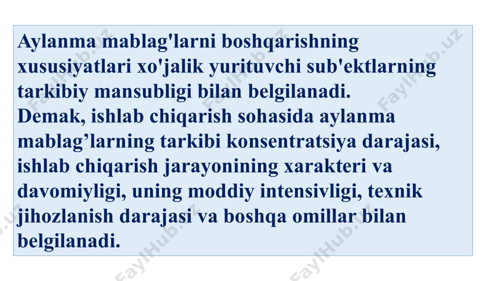 quyidagi formula orqali aniqlanishi mumkin: n = e x (u1 + u 2): 2 x b bu yerda: n – aylanma mablag’larning normativi; e – aylanma mablag’larga bo’lgan kunlik ehtiyoj; u1 + u 2 - navbatdagi ikki mol etkazib berishlarning kunlardagi uzunligi; b – aylanma mablag’ birligining bahosi. aylanma mablag’larning har bir elementlari bo’yicha normativning alohida hisoblanishi natijasida xususiy normativlar vujudga keladi. o‘z navbatida, barcha xususiy normativlarni qo’shish natijasida yig’ma (jamlangan) normativ hosil bo’ladi. xomashyo, materiallar va yarim tayyor mahsulotlarning alohida turlari bo’yicha zaxiralarning kunlik (kundagi) normasi quyidagi zaxiralar summalarini inobatga olib o’rnatiladi (belgilanadi): - transport zaxirasi; - tayyorlov zaxirasi; - texnologik zaxira; - joriy zaxira; - sug’urta zaxirasi. transport zaxirasi yukning yo’ldagi kunlari va shu yuk uchun hujjatlarni to’plash va ularning harakatlanish kunlari sonini o’z ichiga oladi. tayyorlov zaxirasi qabul qilishni rasmiylashtirish, navlarga ajratish, ortish-tushirish, komplektatsiya qilish, moddiy resurslarni maxsus qayta tiklash bilan bog’liq. bu zaxira norma yoki haqiqatda …