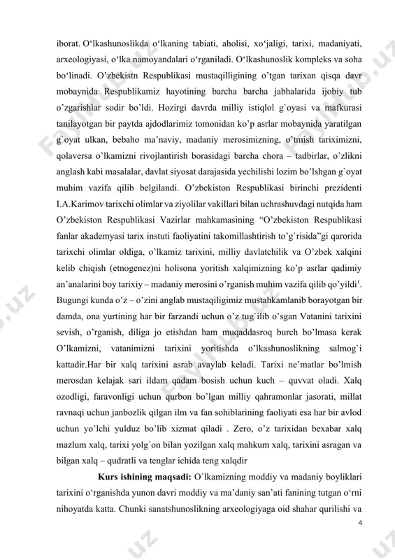 taxlil qilish.. yunon davr arxeologiyasiga oid shahar qurilishi va me’morchilik yodgorliklari, yodgorlik hujjatlari elshunoslik va toponomikaga oid materiallardan o‘rinli foydalanish orqali o‘rganish amalga oshiriladi. tarixiy yodgorliklarga insoniyat hayotidagi eng muhim voqealar, jamiyatning rivojlanish bosqichlari, inqilobiy harakatlar bo‘lib o‘tgan joylar, atoqli sarkardalar, yirik davlat fan va madaniyat arboblarining nomlari bilan bog‘liq voqea joylari, o‘tmishdan bizga meros bo‘lgan qo‘lyozma asarlar manbalari asosida o‘rganiladi. kurs ishining tuzilishi: kurs ishi kirish qismi, boblar, xulosa, adabiyotlar ro‘yxati va ilovalardan iborat. i bob qadimgi yunon tarixchilari asarlarida yurtimiz tarixi 1.1.yunon manbalari. ko’hna tariximizni o’rganishda antik, ya’ni yunon va rim manbalari muhim va nodir hisoblanadi. shuni ta’kidlab o’tish kerakki, antik mualliflarning birontasi markaziy osiyo tarixiga oid alohida, maxsus asar yozmagan. qolaversa, o’sha zamonda “markaziy osiyo” degan jug’rofiy tushunchaning o’zi ham yo’q edi. ammo, yunon va rim tarixchilari o’zlarining boshqa mavzularga bag’ishlangan asarlarida yo’l-yo’lakay qadimgi markaziy osiyoga doir jug’rofiy, tarixiy va etnografik ma’lumotlar yozib qoldirganlar.ellada va rim mualliflari …