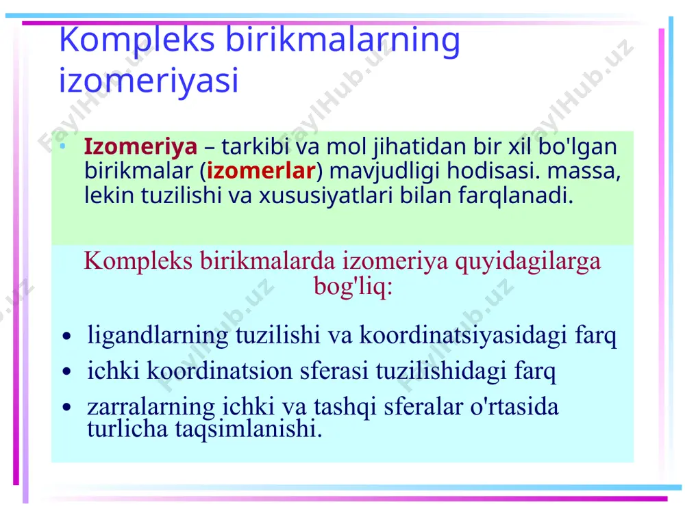 [co(с2o4)3]3– optik izomeriya optik izomerlar yorug'lik nurlarining qutblanish tekisligini (chapga, l-izomerga yoki o'ngga, d-izomerga) aylantirishga qodir. yorug'lik nuri (a) polarizatordan o'tib, tekislik qutblangan (b) bo'ladi. optik eritmadan o'tgandan keyin. izomerlari (c, d). polarizatsiya tekisligining aylanish burchagi a (analizator tomonidan aniqlanadi). kb ning ionlanish izomeriyasi ichki va tashqi sferalardagi ligandlar almashtiriladi. [co(nh3)5cl]cn –xlorpentaamminkobalt (ii) siyanid [co(nh3)5сn]cl – siyanopentaamminkobalt (ii) xlorid [pt(nh3)4cl2]br2 va [pt(nh3)4br2]cl2 [pt(nh3)4so4](oh)2 va [pt(nh3)4(oh)2]so4 ph >> 7 ph ≈ 7 ionlanish izomeriyasining alohida holati - gidrat izomeriyasi crcl3.6h2o – uchta izomer birikma rangi [cr(h2o)6]cl3 binafsha [cr(h2o)5cl]cl2.h2o och yashil [cr(h2o)4cl2]cl.2h2o to‘q yashil - kompleks anionlar va kationlar orasidagi ligandlar almashinuvi koordinatsion izomerlanish kompleks birikmalar izomeriya toifalash jadvali kb izomeriyasi strukturaviy izomerlanish stereoizomerlanish b/b/b jadvali strukturaviy izomerlanish stereoizomerlanish