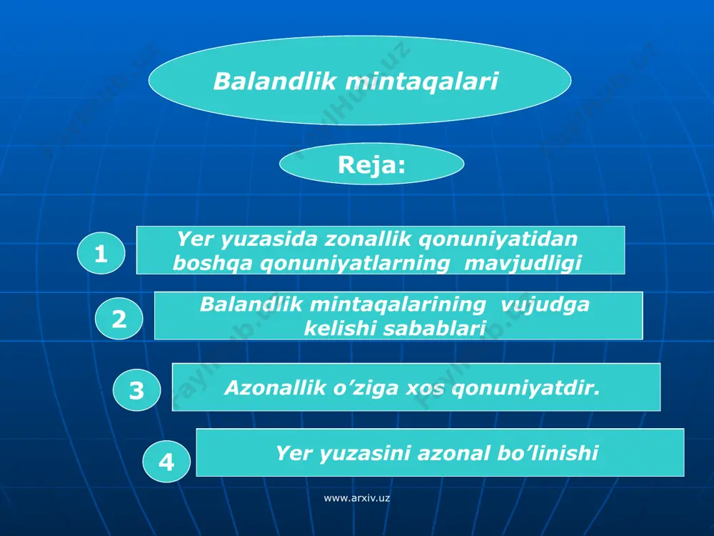 arining organik, geologik, iqlimining omillari ta’sirida o’zgariishi mumkin deb ko’rsatgan. www.arxiv.uz 4 tabiatda bir vaqtning o’zida ko’pgina qonunlar birgalikda amal qiladi. shuning uchun ham zonallik qsnunini boshqa qonunlardan ajralgan deb qaramaslik va unnng ma’lum sharoitlardagina yuzaga chikishini xisobga olmoq kerak. zonallik kuruqlik va okeanlarda, tekislik va tog’larda turlicha namoyon bo’ladi. faqat er shari yuzasi relefini tashkil etgan jinslar xamma joyda bir xil bo’lganda (unga zonallikdan tashqari boshqa geografik qonuniyatlar ta’spr etmasa) geografik zonalar matematik to’g’ri shaklli polosalar holida bo’lar edi. www.arxiv.uz 5 kenglik zonallikdagi turli xil nomuvofiqliklar zonallikning birdan-bir geografik qonuniyat emasligining xamda yer yuzasiniig tabiiy geografik bo’linnshidagi murakkablikni faqat zonallik qonuniyati bilan tushuntirib bo’lmasligini ko’rsatdi. boshqacha aytganda, zonallik qonuni. doirasiga sig’maydigan hodisalar, bizga yer landshaftlarida zonallik qonunining umumiy axamiyatini inkor etishga asos bermaydi, aksincha, bizning geografik qonuniyatlarning boshqacha ko’rinishlarini va sabablarini axtarishga majbur etadi. www.arxiv.uz 6 yer tektonik rivojlanishining eng muhim geografik oqibatlari er yuzasini quruqlik va okeanlarga bo’linishidan, …