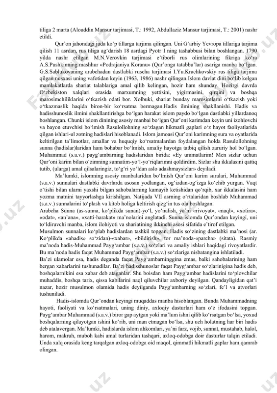 riga xos xususiyatlarini, so‘z boyligi, iboralari va atamalarini, grammatik tuzilishi va boshqa xususiyatlarini o‘zida ifoda etgan. qur’on matnini tahlil qilish jarayonida arab yozuvi grammatikasi (sarf va nahv batafsil ishlab chiqilgan arab yozuvi) g‘oyat mukammal shaklga kelgan. shuningdek, qur’on tili har bir arab mamlakati va elatlarining o‘ziga xos lahjalari saqlangan holda barcha arablar uchun yagona bo‘lgan adabiy tilning shakllanishiga asos bo‘lgan. hozir ham arab mamlakatlarida nashr etilayotgan kitoblar va vaqtli matbuot yagona arab adabiy tilida bosiladi va u barcha arablar uchun tushunarlidir. qur’onning uslubi ham keyingi adabiyotga katta ta’sir o‘tkazgan, undagi rivoyat va tasvirlar, o‘xshatish, nasihat va maslahatlar faqat diniygina emas, balki butun badiiy adabiyotga singib ketgan. shuning uchun qur’onni yaxshi bilmasdan arab xalqlari va umuman musulmon xalqalri madaniyati va adabiyotini chuqur o‘rganish, tushunish ancha mushkul. toshkentdagi «mus’hafi usmoniy» tarixi va qur’on tarjimalari. mus’hafning samarqanddan 1865 yilda sankt-peterburgga olib ketilgan, 1920 yilda musulmonlarga qaytarib berilgan, 1923 yilda toshkentga olib kelingan.mus’hafning o‘rta …