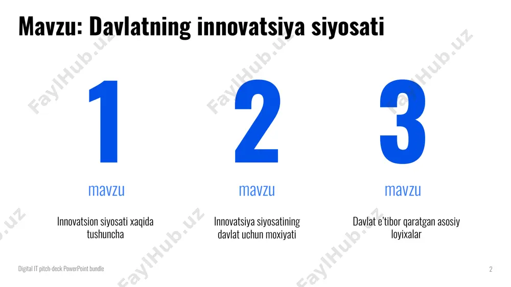 odellari, korxonalarni rivojlantirish va boshqalarda yangiliklar o'rnatish jarayonlarini tashkil etadi ijtimoiy innovatsiya: yangi tashkilotlar, ijtimoiy tizimlar va jamoat birlashmalari tuzilishini o'z ichiga oladi o'quv innovatsiyasi: yangi o'quv-ta'lim usullari, darsliklar, o'quv dasturlari va onlayn ta'limning rivojlantirilishi tibbiy innovatsiya: yangi davolash va so'nggi tibbiy texnologiyalarning yaratilishi va qo'llanilishi ekologik innovatsiya: yangi yaxshi ekologiya texnologiyalari va mahsulotlarning ishlab chiqilishi digital it pitch-deck powerpoint bundle texnologik innovatsiyalar 7 ishlab chiqarish soxasidagi intensiv baliq fermalari suniy intellekt qishloq xo’jaligi soxasidagi robotlar digital it pitch-deck powerpoint bundle biznes innovatsiyasi 8 online yetkazib berish xizmatlari sifatli malaka oshirish yangi maxsulotlar digital it pitch-deck powerpoint bundle ijtimoiy innovatsiyalar 9 sug’urta kompaniyalari yordamchi xamyonlar xalqning umumiy savodxonligini oshirishdagi nodavlat tashkilotlar va xarakatlar digital it pitch-deck powerpoint bundle o'quv innovatsiyasiyalari 10 mental arifmetikasi yangi o’quv darsliklar nodavlat otmlar digital it pitch-deck powerpoint bundle tibbiy innovatsiyalar 11 zamonaviy davolash va tashxis qo’yish uskunalari vaktsinalar inson miyyasi uchun yordamchi chiplar va boshqa …