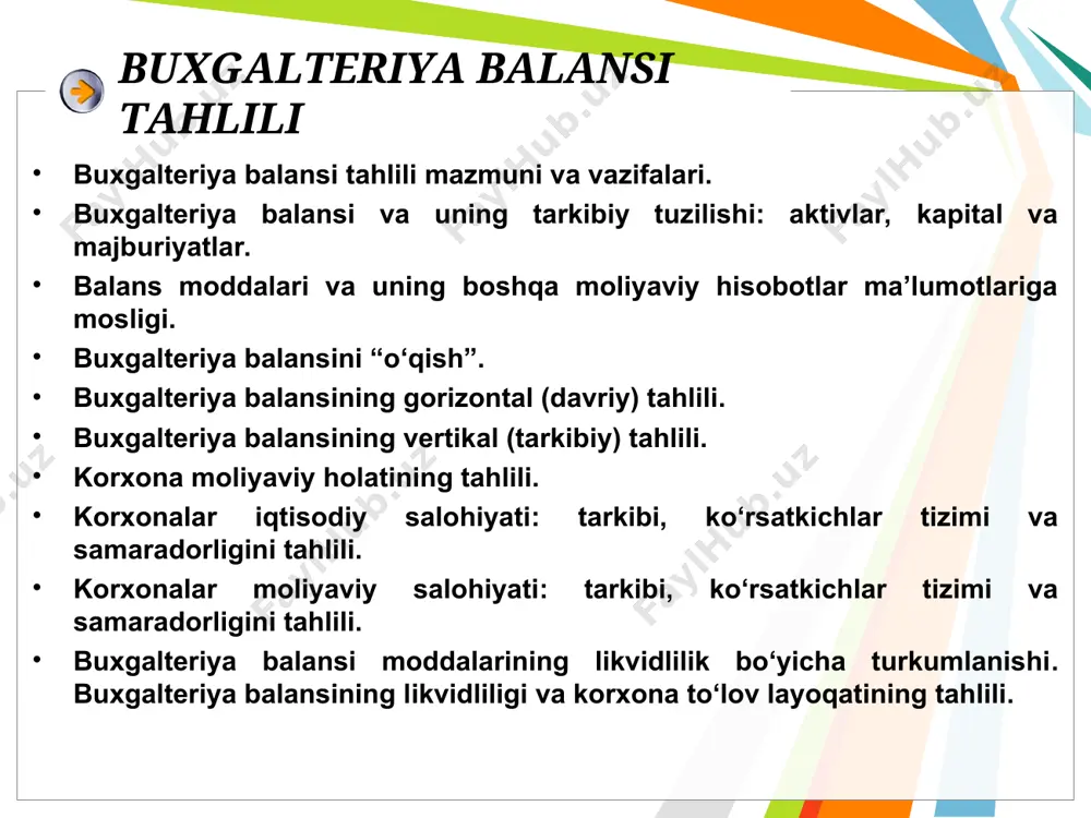 ga ta’sir ko‘rsatib, xo‘jalik operatsiyasi natijasida bir moddaning ko‘payishi va boshqa bir moddaning shu summaga kamayishi tushuniladi. balansning umumiy summasi o‘zgarmaydi. uchinchi tur o‘zgarish. bu toifa (tip)ga kiruvchi muomalalar balansning aktiv va passiv qismlarida sodir bo‘lib, xo‘jalik operatsiyasi natijasida balansning aktiv qismidagi bir moddaning ko‘payishi va balansning passiv qismidagi boshqa bir moddaning shu summaga ko‘payishi bilan balansning umumiy summasi ham shu summaga ko‘payadi. to‘rtinchi tur o‘zgarish. balansning aktiv va passiv qismlarida sodir bo‘lib, xo‘jalik operatsiyasi natijasida balansning aktiv qismidagi bir modda va passiv qismida boshqa bir modda shu summaga kamayadi, balansning umumiy summasi ham shu summaga kamayadi. buxgalteriya balansi tahlilining mamuni – korxonaning mulkiy holati va uning o‘zgarishlariga, aktivlar, kapital va majburiyatlarning tarkibi va o‘zgarishlariga, balans moddalarining likvidlik darajasiga, xo‘jalik yurituvchi sub’ektlarning to‘lov layoqatiga, moliyaviy barqarorligiga, ish aktivligiga, raqobatbardoshligi va iqtisodiy tahlikalarga bardoshligiga baho berishdan iborat. buxgalteriya balansi tahlili oldiga quyidagi vazifalar qo‘yiladi: - korxonaning mulkiy va moliyaviy holatini baholash; …
