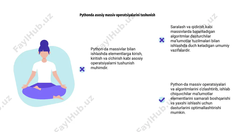 hun samarali va optimallashtirilgan ma'lumotlarni qayta ishlashni ta'minlash uchun juda muhimdir. pythonda massivlarni qidirish algoritmlari python-da massivlar bilan ishlash ma'lumotlarni manipulyatsiya qilish va tahlil qilish uchun turli xil algoritmlarni bajarishni o'z ichiga oladi. massivlar bilan ishlashning asosiy jihatlaridan biri aniq elementlarni samarali topish uchun qidiruv algoritmlarini amalga oshirishdir. python-da massivlarni qidirish algoritmlari chiziqli qidiruv, ikkilik qidiruv va xesh jadvallarini qidirish kabi usullarni o'z ichiga olishi mumkin. ushbu algoritmlar massiv ichidagi elementlarni tezda topishga yordam beradi va ma'lumotlarni qidirishning umumiy samaradorligini oshiradi. python-da massivlar uchun turli xil qidiruv algoritmlarini tushunish va amalga oshirish orqali ishlab chiquvchilar o'z kodlarini yaxshiroq ishlash va kengayishni yaxshilash uchun optimallashtirishlari mumkin. ushbu algoritmlarni qachon va qanday ishlatishni bilish ma'lumotlarni qayta ishlashning umumiy tezligi va samaradorligiga sezilarli ta'sir ko'rsatishi mumkin. pythonda massivlar bilan dinamik dasturlash pythonda massivlar bilan ishlash va ularga algoritmlarni qo'llash odatiy holdir. massivlar ma'lumotlarni samarali saqlash va manipulyatsiya qilishning qulay usulini ta'minlaydi. python-da massivlar …