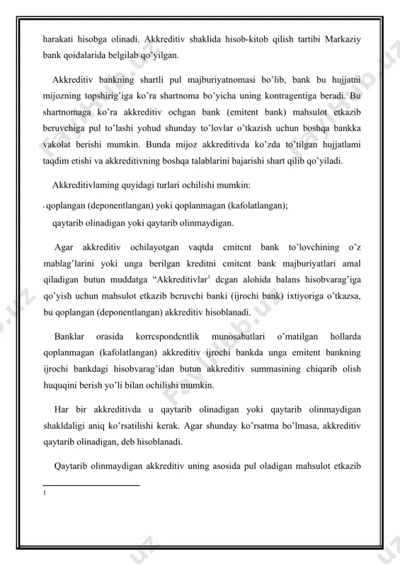 akkreditiv maxsus shakldagi daftarda ro’yxatga olinadi. unda sana, tartib raqami, mahsulot etkazib beruvchining nomi, akkreditiv muddati va summa ko’rsatiladi. akkreditivga o’tkazish daftarda ro’yxatga olingan tartib raqami beriladi. xo’jalik yurituvchi sub’ektlarda pul mablag’lari akkreditivga kiritilishi 5500 - “banklardagi maxsus schyotlar” schyot debetida hamda 5110 — “hisob-kitob schyoti” , 5210 - “valyuta hisobvarag’i”, 6810 - “banklaming qisqa muddatli kreditlari” schyotlari va shunga o’xshash boshqa schyotlaming kredit qismida aks ettiriladi. 5500 - “banklardagi maxsus schyotlar” schyoti bo’yicha hisobga olingan akkreditivdagi mablag’lar ulardan foydalanilishiga qarab (bank bergan ko’chirmalarga muvofiq), odatda, 6010 — “mahsulot etkazib beruvchilar va pudratchilar bilan hisob- kitob lar” schyot debetiga o’tkazib boriladi. akkreditivlardagi foydalanilmagan mablag’lami bank ular olingan schyotda tiklagandan keyin bu summalar 5500 — “banklardagi maxsus schyotlar” schyoti kreditida 5110 - «hisob-kitob schyoti” yoki 5210 - “valyuta hisobvarag’i” schyotlari bilan korrespondentsiyada aks ettiriladi. cheklar bilan hisob-kitob qilish tartibi markaziy bank chiqargan qoidalarda belgilab qo’yilgan. 1.2bank schyoti boshqa schyotlarning hisobini tashkil …