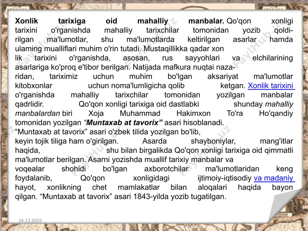 l davlat rasman qoʻqon xonligi deb eʼlon qilinib, olimbek „xon“ unvonini olgan. olimxonning markazlashgan kuchli davlat tuzish borasida qilayotgan harakatlari ayrim mansabparast zodagonlar guruhida norozilik kayfiyatlarini vujudga keltiradi. natijada ular olimxonning safardaligidan foydalanib 1810-yil qoʻqonda „olimxon toshkentda oʻldi“, degan mish-mish tarqatishadi va uning ukasi umarbekka toj kiygizadilar. olimxon bundan xabar topib, qoʻqonga yoʻl oladi, biroq u oltiqush mavzeida otib oʻldirilgan. shohruhbiy-xonlik asoschisi 04.02.2024 7 farg'ona vodiysi buxoro xonligi tasarrufida edi. xviii asr boshlarida buxoro xonligi ichki kurashlar oqibatida zaiflashadi. bunday vaziyatdan foydalangan jung'arlar farg'ona vodiysiga tez-tez bostirib kirib, talon-taroj qila boshladilar. ming qabilasi yo'lboshchilaridan biri shohruhbiy hukmdor (1709-1721) deb e'lon qilinadi. 04.02.2024 8 dastlab chust yaqinidagi chodak qishlog'i xo'jalar jamoasi o'z mulklarini mustaqil deb e'lon qildilar. 04.02.2024 9 shu tariqa, o'rta osiyoda keyinchalik qo'qon xonligi deb atalgan yangi davlat vujudga keldi. 04.02.2024 10 1710-yilda minglar chodaklik din peshvolari hokimiyatini ag'dardilar va farg'ona vodiysida hokimiyatni o'z qo'llariga oldilar. tepaqo'rg'on shohruhbiyning qarorgohiga …