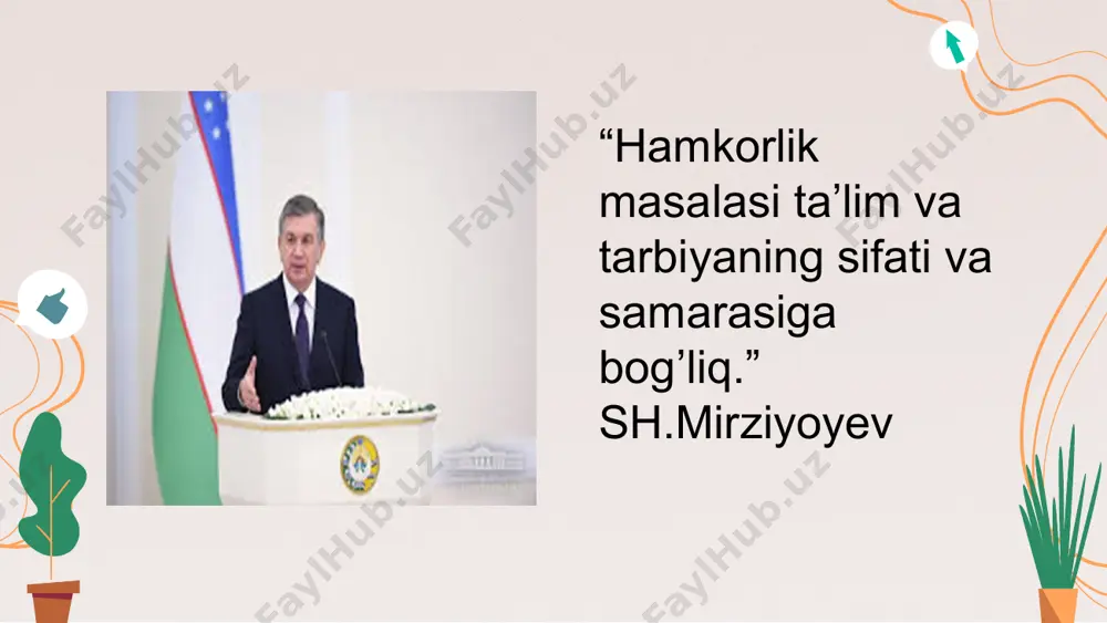 hkilot maqsadlariga moslashtirish. tashkilotlar bilan barqaror munosabatlarni rivojlantirish, 75% 25% 50% muammolar xorijiy ta’lim tashkilotlari bilan hamkorlikda madaniy va til to‘siqlaridan o‘tish samarali muloqot ta’lim tizimlarini tushunish va ishonchni o‘rnatish umumiy maqsadlarga erishish uchun umumiy qarash 01 04 03 02 takliflar aniq maqsad strategiya umumiy qarashlar uzoq muddatli hamkorlik x u l o s a tajribalarga ega bo'lamiz xalqaro istiqbolli rivojlanish yangi resurlar qo'shma tadqiqot loyihalari “birgalikda birlashing -boshlanish, birga bo’lish -taraqqiyot va birgalikda ishlash - muvaffaqqiyat.” - genri ford e’tiboringiz uchun raxmat! credits: this presentation template was created by slidesgo, including icon by flaticon, and infographics & images from freepik image1.jpg image2.png image3.png image4.png