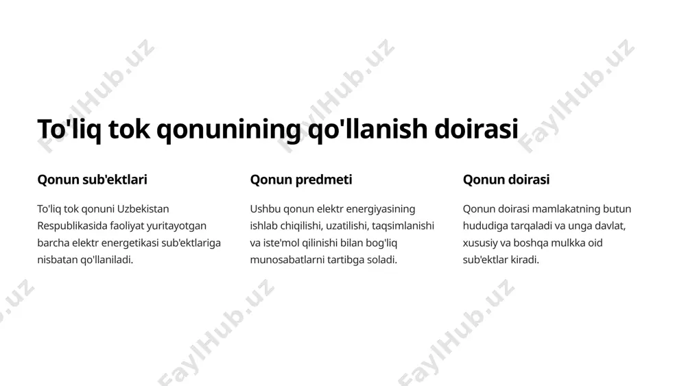shartnomasi ushbu shartnomaga asosan elektr energiyasi yetkazib beruvchi va iste'molchi o'rtasida huquqiy munosabatlar tartibga solinadi. investitsiya shartnomasi elektr energetikasi obyektlarini qurish, modernizatsiya qilish yoki boshqa investitsiya loyihalarini amalga oshirish uchun tuziladi. xizmat ko'rsatish shartnomasi elektr energiyasi yetkazib berish, uzatish va tarqatish xizmatlarini ko'rsatish bilan bog'liq shartnomalar. 9 xulosa va eslatmalar 1 to'liq tok qonuni elektr energetikasi sohasidagi asosiy qonun hujjatidir ushbu qonun elektr energetikasi sub'ektlarining huquq va majburiyatlarini belgilaydi. 2 qonunga rioya etish kafolatlari va qonunni buzganlik uchun javobgarlik belgilangan qonunning buzilishi moliyaviy jarimalar, jinoiy javobgarlik va litsenziyaning bekor qilinishi bilan yakunlanishi mumkin. 3 qonunga muvofiq tuzilgan shartnomalar elektr energiyasi munosabatlarini tartibga soladi elektr energiyasi yetkazib berish, investitsiya loyihalarini amalga oshirish va xizmatlar ko'rsatish shartnomalar orqali amalga oshiriladi. 10 solenoid va toroidlarning magnit maydon induksiyasini hisoblash magnit maydon induksiyasi - elektromagnitik maydonning asosiy xarakteristikasi bo'lib, magnit oqimini kuz'atuv sirtbir birligiga bo'lgan nisbatidir. solenoid va toroidlar kabi elektromagnit qurilmalarda magnit maydon …