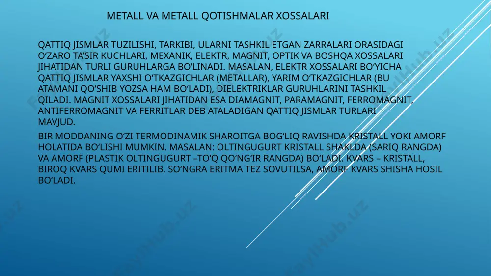 aning o‘zi termodinamik sharoitga bog‘liq ravishda kristall yoki amorf holatida bo‘lishi mumkin. masalan: oltingugurt kristall shaklda (sariq rangda) va amorf (plastik oltingugurt –to‘q qo‘ng‘ir rangda) bo‘ladi. kvars – kristall, biroq kvars qumi eritilib, so‘ngra eritma tez sovutilsa, amorf kvars shisha hosil bo‘ladi. qattiq jismlar zonalar nazariyas o’tkazgichlar va dielektriklar, yarimo’tkazgichlar orasidagi farq qattiq gazni soha nazariyasini energetik diagrammalari yordamida yaxshi illyustratsiyalanadi. izolyatsiyalangan atomda elektron faqat qat’iy aniqlangan diskret energetik sathlardagina (xolatlarda) bo’la oladi. energetik sathlar bir biridan energiyalari qiymatlari bilan ajratilgan, qaysiki elektronlar ushbu atomda ega bo’la olmaydi. kristall paydo bo’lishida atomlarni o’zaro ta’sirlashuvi namoyon bo’ladi. ushbu holatda barcha energetik sathlar (elektron bilan to’ldirilgani va to’ldirilmagani) parchalanadi, energetik sathlar sohasi paydo bo’ladi (3 - rasm). kristall panjarada atomlar soni qancha bo’lsa, shuncha soha sathlari mavjud. odatda soha kengligi – 1 ev. elektronlar tashqi o’zaro ta’sir hisobiga bo’la oladi (issiqlik nurlanishi), yuqoriroq, erkinroq energetik sathlarga o’ta oladi. bunday elektronlar qisman to’ldirilgan …