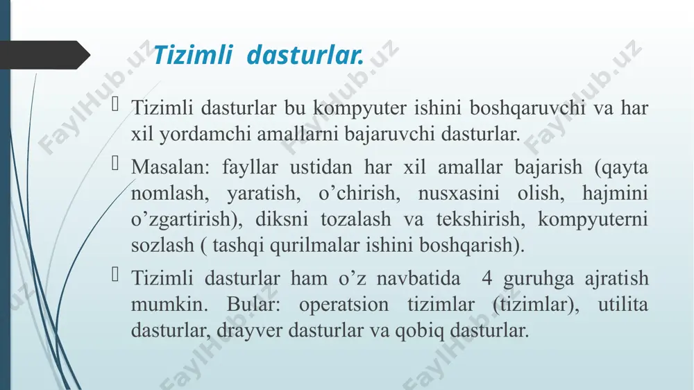 i va hokazo. qobiq dasturlar bu operatsion tizimning imkoniyatlardan chiroli va qulay holda foydalanishni taminlovchi dasturlar. shulardan eng taniqliysi bu total commander dasturi. operatsion tizimlar operatsion tizim (ot) -bu kompyuter bilan foydalanuvchi o’rtasida muloqotni o’rnatuvchi, kompyuterning asosiy va qo’shimcha qurilmalarini hamda dasturlar ishini boshqaruvchi sistemaviy dasturdir. bu dasturlar kompyuter ishga qo’shilishi bilan kompyuter xotirasiga yuklanadi. hamma dasturlar shu operatsion tizimning imkoniyatlaridan foydalanadi va shuning uchun ular faqat shu dastur orqali ishga tushadi. oparatsion tizimlarning tasniflanishi. ot lar quyidagi omillar bo‘yicha tasniflanadi: bir vaqtda ishlaydigan foydalanuvchilar (bir foydalanuvchili, ko‘p foydalanuvchili); tizim boshqaruvi ostida bir vaqtda bajariluvchi jarayonlar (bir vazifali, ko‘p vazifali); qo‘llab-quvvatlovchi jarayonlar (bir protsessorli, ko‘p protsessorli); ot kodi razryadligi (8 razryadli, 16 razryadli , 32 razryadli, 64 razryadli); interfeys turi (buyruq va ob’ektli - yo‘naltirilgan (grafik) ligiga ko‘ra); zahiralardan foydalanish turi (tarmoqli, lokal). windows operatsion sistemasi (tizimi) microsoft kompaniyasi tomonidan 1985-yilda ishlab chiqilgan windows 1.0 grafik qobiq-dasturi etiborli afzalliklarga ega …