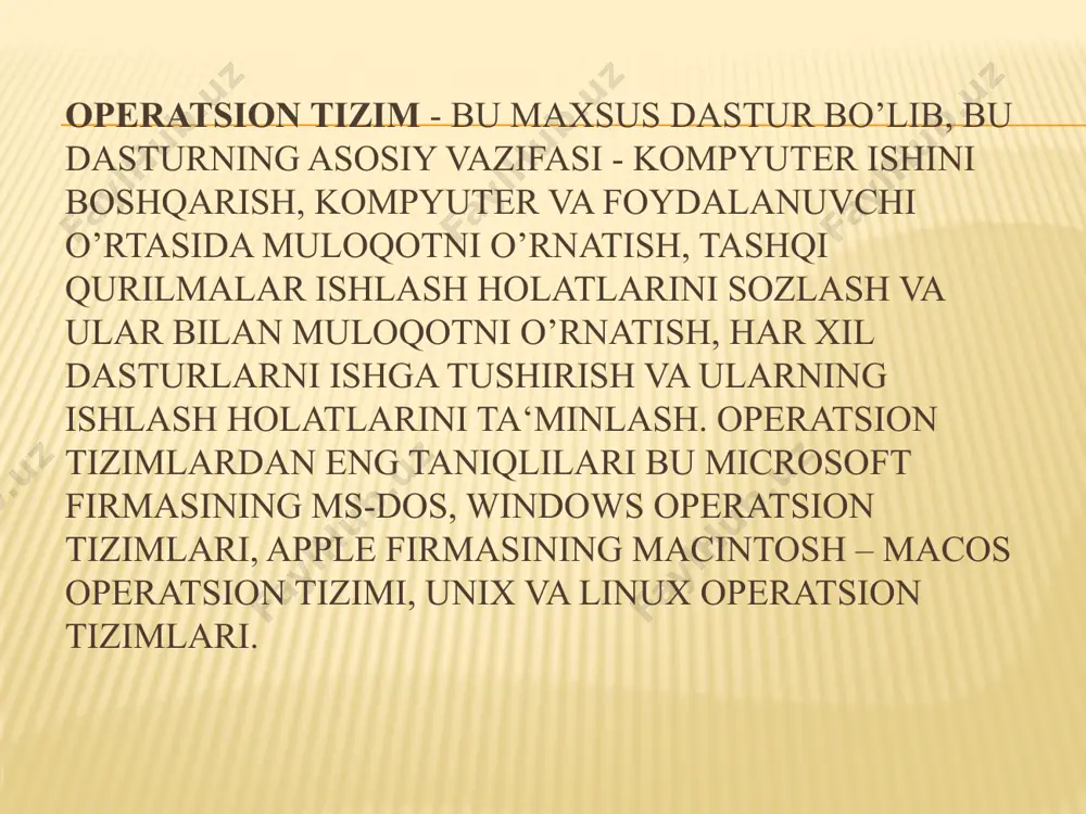 ga qulay o'tkazish imkonini beradi. unixda taqsimlovchi ma’lumotlar bazasiga kirish, lokal tarmoqlar, olis masofdan aloqa qilish va oddiy modem yordamida global tarmoqlarga chiqish imkoni mavjud. unix da pochta xizmati — uning asosiy tarkibiy qismlaridandir. hozirgi paytda unix uchun ko'plab miqdorda ilovalar mavjud. dos va windows uchun ommaviy bo‘lgan ilovalar unix da foydalanilishi mumkin. unix oilasida bir necha operatsion tizimlar mavjud. bu oilaning turli versiyalari o‘z nomiga ega. unix operatsion tizimining faylli tizimi foydalanuvchiga va foydalanuvchilar guruhi darajasida fayllarga beruxsat kirishdan muhofaza etadi. korxonalar tarmoqlari uchun mo‘ljallangan unix ware 2.0-32 razryadli ko‘p (kishi)foydalanadigan ko‘p vazifali operatsion tizimlar unix oilasidagi tarmoqli operatsion tizimlar orasida keng tarqalmoqda. 20 nazorat savollari 1.windowsda kerakli fayllar qanday qidirib topiladi? 2. windowsda yangi hosil qilingan fayl qanday shaklda xotiraga yozib qo`yiladi? 3. windowsda fayllar va papkalar bilan ishlash tartibi qanday? 4. windows oynalari necha xil bo`ladi? 5. windowsda biror oynani shaklini o`zgartirish yoki yopish qanday amalga oshiriladi? …