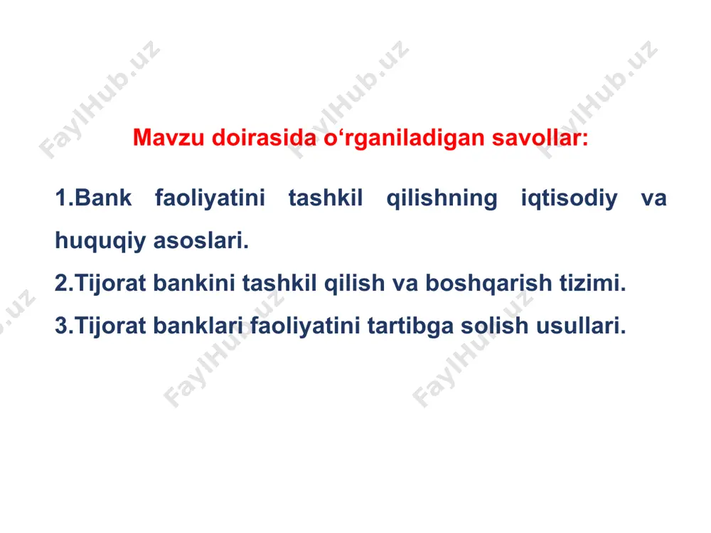 shartlar asosida jalb qilib, ushbu mablag‘larga ehtiyoji mavjud bo‘lgan shaxslarga tijorat yo‘sinda berish orqali foydasini shakllantiradigan o‘ziga xos moliyaviy muassasa hisoblanadi. o‘zbekiston respublikasi 2019 yil 5-noyabrdagi “banklar va bank faoliyati to‘g‘risida”gi 580-sonli qonuni 12 bob 83 modda bank — bank hisobvaraqlarini ochish va yuritish, to‘lovlarni amalga oshirish, omonatlarga (depozitlarga) pul mablag‘larini jalb etish, o‘z nomidan kreditlar berish bo‘yicha bank faoliyati sifatida aniqlangan operatsiyalar majmuini amalga oshiruvchi tijorat tashkiloti bo‘lgan yuridik shaxs. o‘zbekiston respublikasi “banklar va bank faoliyati to‘g‘risida”gi qonuni 2019-yil 5-noyabr, o‘rq-580-son 4-modda. o‘zbekiston respublikasi markaziy banki bank faoliyati sohasini tartibga soluvchi va litsenziyalash, tartibga solish hamda prudensial nazorat bo‘yicha vakolatlarni amalga oshiruvchi davlat organidir. bank faoliyatiga ruxsat berishga doir eng zarur shartlar banklar aksiyadorlik jamiyati shaklida tashkil etiladi. banklar markaziy bankda davlat ro‘yxatiga olingan paytdan e’tiboran yuridik shaxs maqomini oladi. banklar o‘zbekiston respublikasida o‘z faoliyatini markaziy bank tomonidan beriladigan, bank faoliyatini amalga oshirish huquqini beruvchi litsenziya asosida amalga oshiradi. …