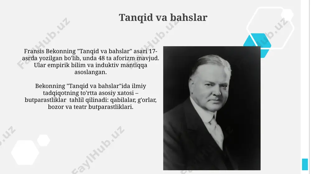hotchilariga katta ta’sir ko‘rsatdi, 18-asr fikrlash maktablarining shakllanishiga hissa qo‘shdi. falsafa tarixida bekonning empirizm tamoyillarini rivojlantirishdagi hissasi, 17-asr fan va texnologiyalarining rivojiga katta ta’sir ko‘rsatgan bo‘lib, induktiv mantiq usullarini qo‘llash orqali yangi bilimlarni olishga urg‘u bergan. tabiat falsafasi "tabiat falsafasi"da bekon, o'zining "idolalar" nazariyasi orqali, insoniy tafakkurga xalaqit beradigan 4 turdagi noto'g'ri tushunchalarni tahlil qilib, ob'ektiv ilmiy bilimlarni olish yo'llarini ko'rsatadi. "tabiat falsafasi"da bekon tabiatni 24 ta asosiy kategoriyaga bo'lib, har birini eksperimental tadqiqotlar orqali o'rganishni taklif qiladi, bu esa induktiv mantiqqa asoslangan yangi ilmiy uslubni namoyon etadi. bekonning hayoti va faoliyati bekonning siyosiy faoliyati davomida u qirol yakov i ning maslahatchisi bo'lib, 1618 yilda lord kansleri lavozimiga ko'tarildi, lekin korruptsiya ayblovlari bilan 1621 yilda lavozimidan chetlatildi. bekon 66 yoshida, 1626 yilda vafot etdi, ammo o'limidan keyin ham uning ilmiy va falsafiy g'oyalari keng tarqalib, yangi davr fanining rivojlanishiga katta hissa qo'shdi. zamonaviy ilmga ta'siri f. bekonning empirik yondashuvi, ya'ni …
