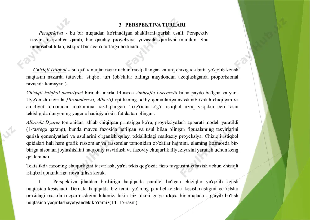 li istiqbolning bunday tun. frontal istiqbolni qurishning asosiy qoidalari: - barcha vertikal chiziqlar bir-biriga parallel; - vertikal chiziqlar ufq chizig'iga perpendikulyar yoki u bilan kesishganda 90 graduslik burchak hosil qiladi; - gorizontal chiziqlar ufq chizig'iga parallel va u bilan hech qachon kesishmaydi; - diagonal chiziqlar ufq chizig‘i bilan kesishishi kerak. qoida tariqasida, arxitektura va uy-ro'zg'or buyumlari ko'pincha to'rtburchaklar shaklida bo'ladi. frontal istiqbolni bajarishda ulami rasm tekisligiga parallel, ya'ni frontal joylashtirish qulayroqdir. frontal istiqbolda kubni, ya'ni bitta yo'qolib ketish nuqtasini qurish uchun birinchi navbatda ufq chizig'ini chizish va undagi yo'qolib ketish nuqtasini aniqlash kerak. yo'qolib ketish nuqtasini aniqlash uchun ob'ektlaming yon tomonlarining barcha chiziqlari (bizning holimizda, kub) ertami-kechmi bir nuqtada ufq chizig'ida bidashishini aqliy tasavvur qilish kerak. kubni (yoki har qanday oddiy geometrik figurani) qurishni boshlash uchun uning eng frontal holatida bo'lgan yuzlaridan binning (tekisligi) tasviridan kelib chiqadi. kubning har bir yuzi kvadratdir, shuning uchun rasm tekisligiga nisbatan frontal holatda u …