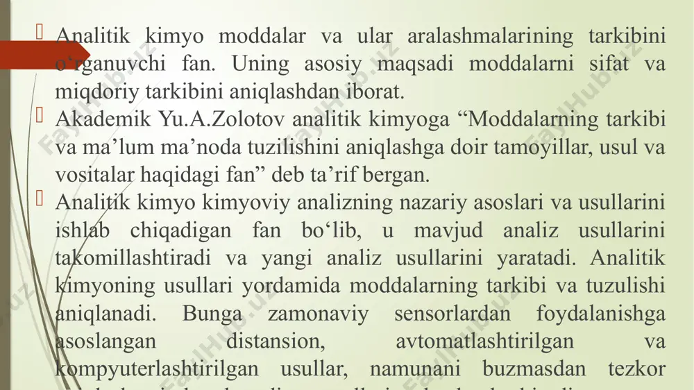 nligini ta’minlash; -ilmiy-tadqiqot ishlarining analitik nazoratini ta’minlash; -atrof - muhit monitoringini ta’minlash va boshqalar. analitik kimyoning asosiy muammolariga quyidagilarni kiritish mumkin: -aniqlanadigan moddani topish chegarasini pasaytirish; -analizning tezkorligi va aniqligini oshirish; -mikroob’yektlar analizi, lokal va distansion analizni rivojlantirish; -analizni avtomatlashtirish, kompyuterlashtirish va boshqalar. analitik kimyoning rivojlanish yo‘nalishi va istiqbollari: -hozirgi analitik kimyo fani kimyoviy analizning asboblashtirish, avtomatlashtirish, rejalashtirish va moddalar analizini takomillashtirish yo‘nalishlarida rivojlanishi; -xalq xo‘jaligining qator sohalardagi rivojlanish talablariga mos mavjud usullarni yanada takomillashtirish va yangi analiz usullarini ishlab chiqarish; -zamonaviy analitik kimyoning xarakterli tomoni instrumentalanaliz usullarining keng taraqqiy etishidir. bu analizni tezkorlik bilan bajarilishiga, qolaversa, ishchi kuchini tejaydigan avtomatik nazoratlar o‘rnatilishiga imkon beradi. kimyoviy analiz. moddalarning kimyoviy tarkibiga doir ma’lumotlar to‘plash maqsadida bajarilayotgan amallar majmuasi kimyoviy analiz deyiladi. kimyoviy analizning asosiy vazifasi tekshiriladigan namuna tarkibi qanday tarkibiy qismlardan iboratligi va ular qanday nisbatlarda ekanligini aniqlashdan iborat. kimyoviy analizsiz xom ashyo va tayyor mahsulot sifatiga baho berish mumkin emas. …