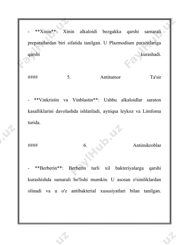 targ'ib qilinayotgan davrda inson salomatligi uchun muhim bo'lgan ko'plab faol moddalarga ega bo'lib, ular orasida alkaloidlar alohida o'rin tutadi. alkaloidlar tabiatda keng tarqalgan va ko'pincha o'simliklarning himoya mexanizmlarida muhim rol o'ynaydi. quyida giyohlar va ular tarkibidagi alkaloidlar haqida ba'zi muhim ma'lumotlarni keltirib o'taman: 1. **giyohlar va ularning kimyoviy tarkibi:** - giyohlar tarkibida turli xil kimyoviy moddalar, jumladan, vitaminlar, minerallar, alkaloidlar, flavonoidlar, terpenoidlar, fenolik birikmalar va efir moylari mavjud. bu kimyoviy moddalar o'simliklarning dorivor xususiyatlariga hissasi qo'shadigan asosiy komponentlar hisoblanadi. - **minerallar:** giyohlar tarkibida ko'pincha kaltsiy, magniy, temir, fosfor va kaliy kabi minerallar mavjud bo'lib, ular inson tanasi uchun zarur. masalan, maysa o'simligi (herbae folia) tarkibida taxminan 12-15% kalsiy mavjud. - **vitaminlar:** giyohlar, shuningdek, a, c, e va k vitaminlari kabi ko'plab vitaminlarga boy. masalan, coccinia grandis o'simligida c vitamini miqdori 120 mg/100 g gacha bo'lishi mumkin. - **fenolik birikmalar:** ular antioxidativ xususiyatlarga ega bo'lib, giyohlar orqali qabul qilinganda inson sog'lig'i …