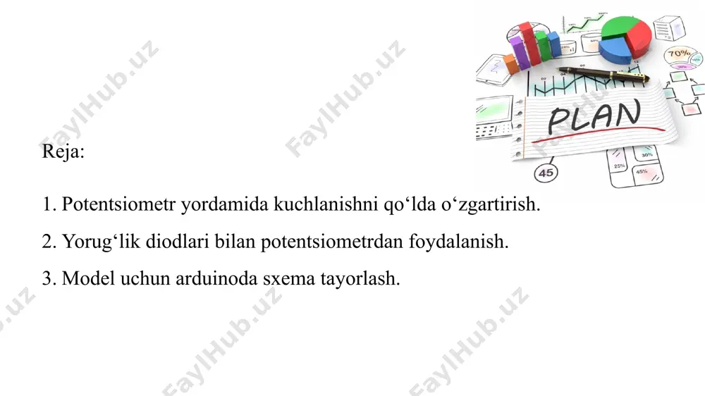 ning qiymati 1023 adp qiymatiga to‘g‘ri keladi. 0v pin bilan adp 0, mos kuchlanishda 1023. qaytish kuchlanishni o‘zgartirish mumkin bo‘lsa -da, 5v kuchlanishdan foydalaniladi. potentsiometr - o‘zgaruvchan kuchlanishni bo‘luvchi element sifatida ham foydalaniladi. potentsiometrlar har xil o‘lcham va shakllarda bo‘ladi, lekin ularning hammasida uchta chiziq bor. potansiometrning qiymati o’zgarishi natjasida kuchlanish qiymati o’zgaradi va natijada kuchlanish 0 dan patensiometrning eng yuqori o’tkazish qiymatigacha o’zgaradi. arduinoga ulangan sakkizta led bir qatorda joylashtirilgan. biz potentsiometr ulangan arduino analogli kirishini o‘qiymiz va uning qiymatini 8 led o‘lchagichida ko‘rsatamiz. agar potansiometrning qarshiligi (birinchi va o‘rta terminal orasidagi) 0 bo‘lsa, u holda ledlar yonmaydi, potansiyometrning maksimal qarshiligida 8 ta led yonadi. modelning arduinoga ulanish sxemasi: arduinoda potensiometr orqali yonuvchi diodlar sonini o‘zgartirish shunday ko‘rinadi: yuklagandan so‘ng, biz potensiometr muruvatini aylantiramiz va led shkalasidagi qiymat o‘zgarishini kuzatamiz. mustaqil ishlash uchun topshiriqlar: 1. ma’ruzaning nazariy materialini o‘rganish. 2. bundan tashqari, ishlatilgan internet -resurslarni o‘rganing. 3. arduinoga potensiometr …