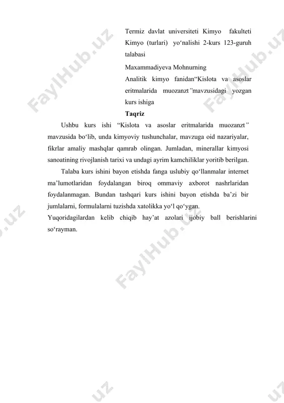 qonuni tadbiqi. i.3. kuchli kislota va kuchsiz asoslarning dissotsalanishida kimyoviy muozanat. i.4. bufer eritmalar va ularning analizda ishlatilishi…… ii.bob. tajribaviy qisim. ii.1. kerakli asbob va reaktivlar ii.2. kuchsiz kislotalarning dissotsalanish konistantasini o‘rganish xulosa. foydalanilgan adabiyotlar roʻyxati. kirish oʻzbekiston respublikasi prezidenti shavkat mirziyoyevning 2017-2021-yillarda oʻzbekiston respublikasini rivojlantirishning beshta ustuvor yoʻnalishi boʻyicha harakatlar strategiyasini amalga oshirishning uchinchi bosqichi ham aynan iqtisodiyotni yanada rivojlantirish va liberallashtirishga yoʻnaltirilgan makroiqtisodiy barqarorlikni mustahkamlash va yuqori iqtisodiy oʻsish sur’atlarini saqlab qolish, milliy iqtisodiyotning raqobatbardoshligini oshirish, qishloq xoʻjaligini modernizatsiya qilish va jadal rivojlantirish, iqtisodiyotda davlat ishtrokini kamaytirish boʻyicha institutsional va tarkibiy islohotlarni davom ettirish, xususiy mulk huquqini himoya qilish va uning ustuvor mavqeini yanada kuchaytirish, kichik biznes va xususiy tadbirkorlik rivojini ragʻbatlantirish, hududlar, tuman va shaharlarni kompleks va mutanosib holda ijtimoiy-iqtisodiy taraqqiy ettirish, investitsiyaviy muhitni yaxshilash orqali mamlakatimiz iqtisodiyoti tarmoqlari va hududlariga xorijiy sarmoyalarni faol jalb etishga bagʻishlangan. bundan koʻrinib turibdiki mamlakat rivoji iqtisodiyot bilan chambarchas bogʻliqdir. hozirgi …