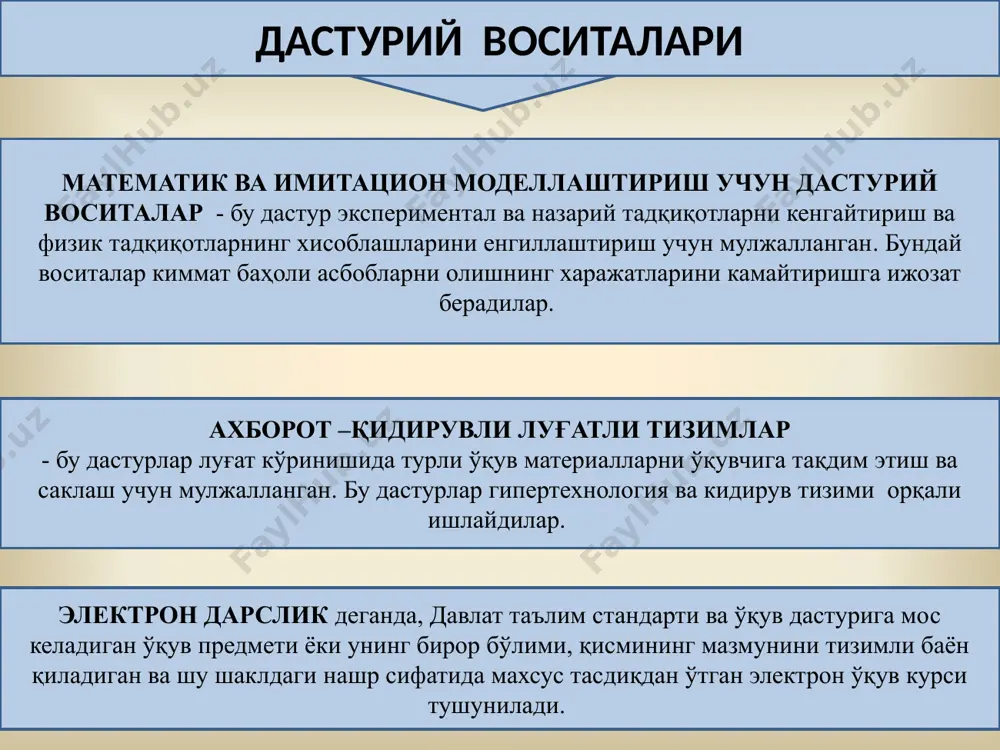 markup language), alliare home site (html), microsoft power point, microsoft word каби дастурий воситалардан фойдаланилади. иллюстрация динамик иллюстрацияли ўқув материаллари яратишда disreet 3d studio max, alais wave front, maya, light wave, softimage 3d, adobe image ready, gif animator, macromedia flash, adobe premier каби махсус дастурлардан фойдаланилади. овоз овозли жараёнларни тақдим этиш ва овозни таҳрир қилиш sonicfoundry soundforge, wave lab, sound recorder ва бошқа дастурлар ёрдамида амалга оширилади. назорат саволлар: пдв фани ҳақида маълумот беринг. пдв турлари ва тавсифи. муаллифлик дастурулари деганда нимани туширасиз? пдв яратиш учун кенг фойдаланиладиган дастурларни санаб беринг. пдв яратишга қўйиладиган талаблар ҳақида гапириб беринг. педагогик даструрий тренажёрлар деганда нимани туширасиз? пдв яратиш жараёнида программистларнинг, методик ўқитувчиларнинг ва ўқитувчиларнинг маъноси. мултимедия ва гипермедиа дастурлаш воситаларнинг инструментал яратиш воститалари ҳақида гапириб беринг. эътиборингиз учун рахмат image1.png image2.png image3.png image4.png image5.png image6.jpeg image7.jpeg image8.jpeg /docprops/thumbnail.jpeg