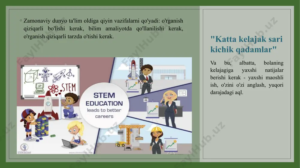 ziqishni rivojlantiring. muhandislik ko'nikmalarini rivojlantirishga yordam beradi. jamoada ishlash uchun zarur bo'lgan fazilatlarni egallash imkonini beradi. amalga oshirilgan faoliyat natijalarini tahlil qilish qobiliyatini rivojlantiradi. maktabgacha yoshdagi bolalarning eng yaxshi kognitiv faoliyatini targ'ib qilish. mashg'ulotlarga kompleks yondashuv fikrlash qobiliyatlarini eng yaxshi darajada rivojlantirishga yordam beradi va istiqbolli va talabga ega bo'lgan kasbni tanlash uchun keng eshiklarni ochadi. zamonaviy usullar bolalarni ilmiy va ijodiy faoliyatga tabiiy va oson jalb qiladi. bu kattalar hayotida zarur bo'lgan intellektual qobiliyatlarning tizimli rivojlanishiga yordam beradi. 27.03.2024 image2.jpeg image3.jpeg image4.jpeg image5.jpeg image6.jpg image7.jpeg image8.jpeg image9.jpeg image10.jpeg image11.png image12.jpg image13.jpeg image14.jpeg image15.jpeg image16.jpeg image17.jpeg