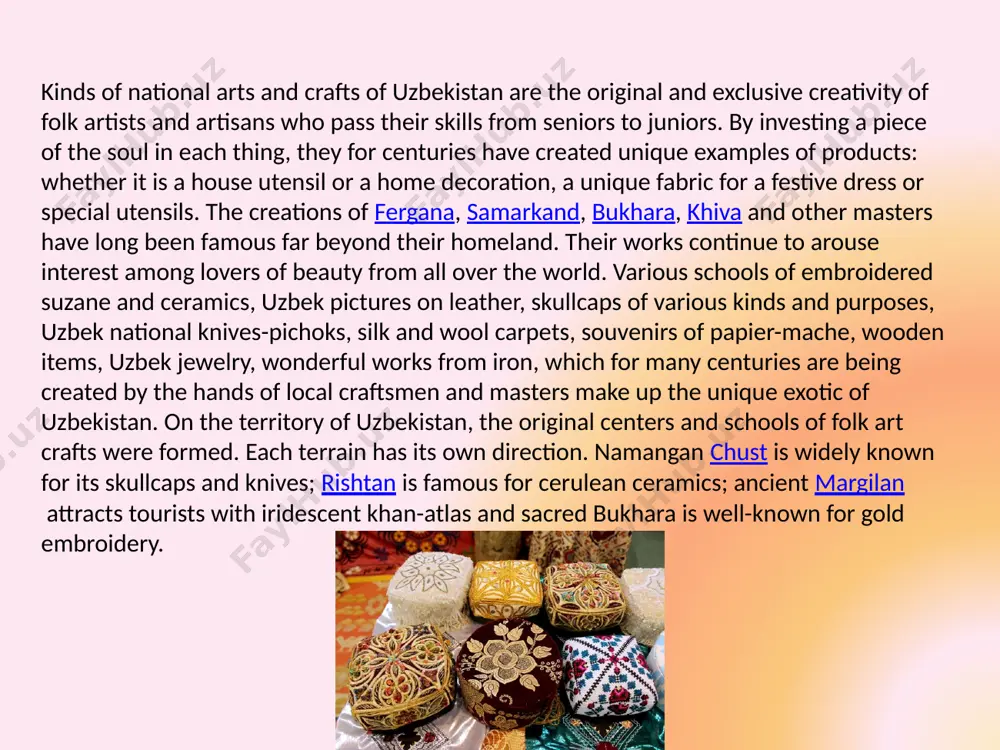 netic origins. although the types of folk art that have survived to us have retained their techniques and style, they have undergone some changes in form and content. instead of colorful images of people, animals and other creatures, scenes of separate events with the establishment of the rule of islam, various geometric and floral ornaments appear. on ordinary household objects and ornaments, magnificent architectural structures in accordance with muslim dogmatics, images of living beings almost completely disappear. thus, in the richest ethno-cultural heritage of the uzbek people, a special place is occupied by a multifaceted and highly decorative arts and crafts. it finds a vivid expression of artistic thought and closely interwoven with it artistic creativity, the originality of the national mentality of the uzbeks. rapid development and constant improvement of the uzbek national fine and applied art have found their embodiment in the world famous architectural monuments, in exquisite …