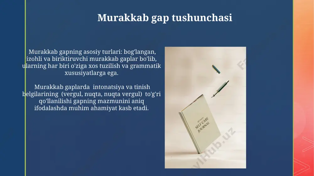 gʻlangan gaplarning tuzilishi va bogʻlovchilarga qarab, ular turli xil mantiqiy munosabatlarni (teranlik, ziddiyat, tanlov, sabab-oqibat) ifoda eta oladi. murakkab bogʻlangan gaplarda bogʻlovchi sifatida 7 ta asosiy bogʻlovchi (va, lekin, ammo, yoki, yoxud, balki, -da) qoʻllaniladi va ular gaplar orasidagi munosabatni belgilaydi. e'tiboringiz uchun rahmat @taqdimot_robot image4.jpg image5.jpg image6.jpg image7.jpg image8.jpg image9.jpg image10.jpg image11.jpg image12.jpg image13.jpg image14.jpg image15.jpg image16.jpg image17.jpg image18.jpg image2.png image3.png
