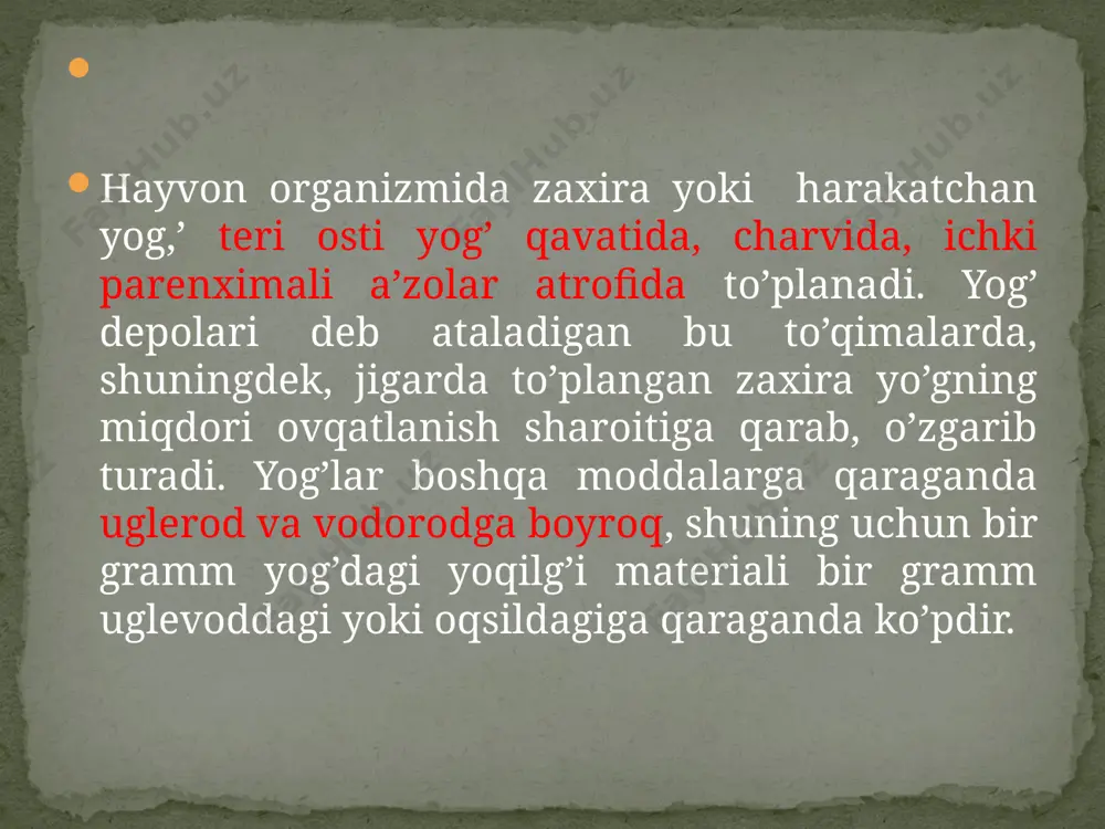 di: xolat kislota, dezoksixolat kislota; litoxolat; xenodezoksixolanat kislota. bu o‘t kislotalar erkin holda bo‘lmay, glitsin yoki taurin bilan birikib, qo‘sh kislotalar shaklida o‘t tarkibiga kiradi. ularning eng muhimlari glikoxolat, glikodezoksixolat, tauroxolat va taurodezoksixolat kislotalardir: yog‘ va moylarga ichakda o‘t kislotalar ta’sir etishi tufayli juda mayda parchalardan iborat nozik emulsiya hosil bo‘ladi. bu parchalarning diametri 0,5 mk bo‘lib, ular xilomikronlar deb ataladi. yog‘larning emulsiyalanishi ularning lipazalar ta’sirida glitserin va yog‘ kislotalarga parchalanishni ta’minlaydi. lipaza ta’sirida avval di, so‘ngra monoglitseridga aylanadi, oxirida gletsirin va yog‘ kislotagacha parchalanadi. o‘t suyuqligi kislotalari yog‘ kislotalari bilan suvda eruvchi xolin kislotalar kompleksini hosil qilib, ichak devorida so‘riladi. yog‘ kislotalarining parchalanishi. yog‘ kislotalari to‘qimalarda co2 va h2o gacha oksidlanadi. knoop o‘z eksperimental tadqiqotlari asosida yog‘ kislotalrining β oksidlanishi nazariyasini yaratgan. yog‘larni β oksidlanishida har doim karboksil gruppaga nisbatan β-holatda joylashgan uglerod atomi oksidlanadi: γ β α r – ch2 – ch2 – ch2 – ch2­ – cooh …
