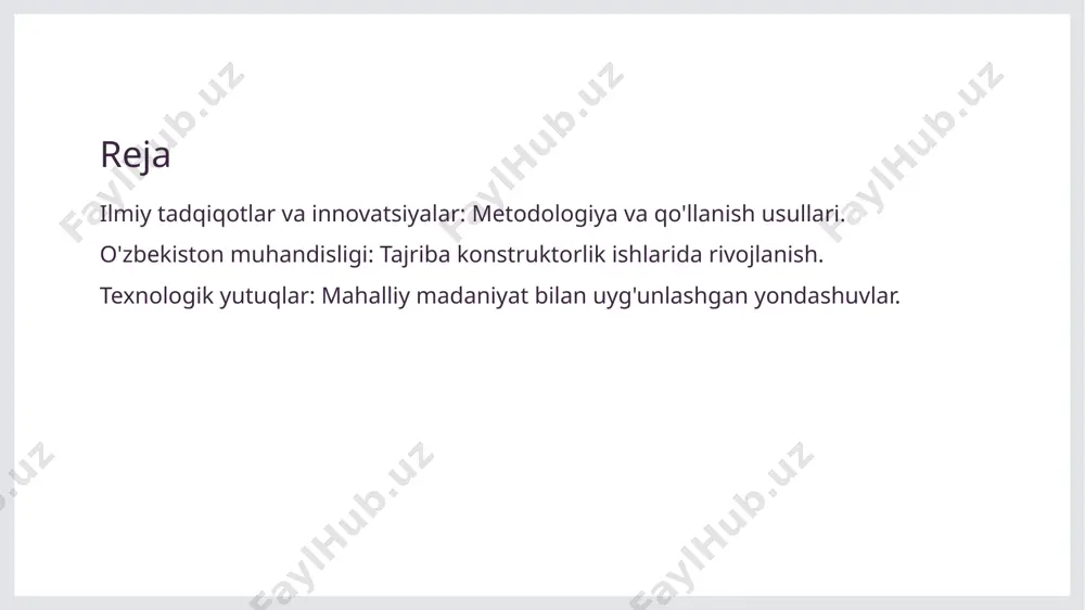 vatsion metodlar ilmiy tadqiqotlarni rivojlantirishga yordam beradi. masalan, yangi texnologiyalar yordamida ma'lumotlarni tahlil qilish jarayoni tezlashmoqda. 2 ilmiy hamkorlik ilmiy hamkorlik innovatsiyani tezlashtiradi, chunki turli mamlakatlardan kelgan olimlar o'z tajribalari va resurslarini birlashtirib, samaradorlikni oshiradi. 3 mahalliy innovatsiyalar o'zbekistonda mahalliy innovatsiyalar qishloq xo'jaligi va energetika sohalarida qo'llanilib, resurslardan samarali foydalanishni ta'minlamoqda. o'zbekiston: ilmiy tadqiqotlar va innovatsiyalarda madaniy aloqalar. o'zbekiston ilmiy tadqiqotlar va innovatsiyalarda boy madaniy aloqalarga ega. bu aloqalar mahalliy texnologik rivojlanishni qo'llab-quvvatlab, xalqaro ilmiy hamkorlikni mustahkamlaydi. ilmiy markazlar va universitetlar orqali ilm-fan va texnologiya sohalarida innovatsiyalar rivojlantirilmoqda. photo by national cancer institute on unsplash o'zbekiston muhandisligining tarixiy rivojlanishi. 01 ilk muhandislik davri oʻzbekistonning ilk muhandislik davri qadimiy irrigatsiya tizimlari bilan boshlanib, bu hududda suvni boshqarish va dehqonchilikni rivojlantirishga yordam berdi. 02 ipak yoʻli ta'siri ipak yoʻli orqali kelgan texnologiyalar oʻzbekistonda muhandislikni boyitdi, transport va savdo infratuzilmasini rivojlantirishda muhim rol oʻynadi. 03 sovet davri oʻzgarishlari sovet davrida sanoat qurilishlarining rivojlanishi, …