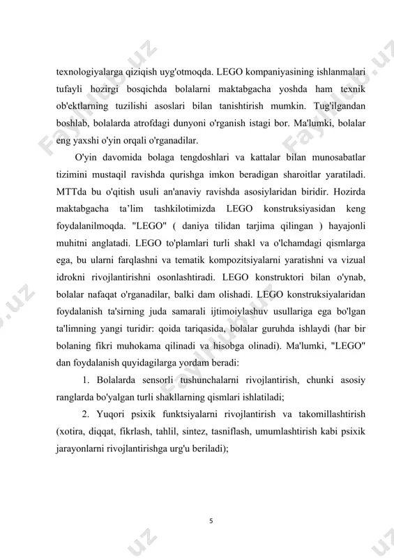 bu erda dizaynning turli xil texnik usullarini mustahkam o'zlashtirgan. bolalar nafaqat qismlarni qanday biriktirish kerakligini ko'rsatibgina qolmay, balki tayyor namunani mustaqil tahlil qilish orqali ham quradilar. yil o'tishi bilan material va mavzu tanlashda erkinlik kuchayadi. tafsilotlardan original foydalanish nutqni rivojlantiradi. maktabga tayyorgarlik guruhi dizayn faoliyatini rivojlantirishning yakuniy bosqichidir . bosqichlar murakkabroq, ular qurilish elementlarini o'z ichiga oladi va bolalar erkin tanlovga ko'proq ta'sir qiladi. yengil konstruktsiya bolalarni tarbiyalash va rivojlantirish masalasini hal qilishda tarbiyachilar va oilalarning sa'y-harakatlarini birlashtirishga yordam beradigan samarali ta'lim vositasidir. ii bob. 4-7 yoshdagi bolalar uchun maktabgacha ta'lim tashkilotidagi ta'lim jarayonining mazmun mohiyati. 2.1. 4-7 yoshdagi bolalar uchun maktabgacha ta'lim tashkilotidagi ta'lim jarayonining mohiyati. maktabgacha ta'lim tashkilotidagi ta'lim jarayonining eng muhim o'ziga xos xususiyati - bu bolaning amaliy va aqliy harakatlarini almashtirishni o'z ichiga olgan tizimli- faollik yondashuvi. ushbu yondashuvni lego ta'lim muhitida amalga oshirish oson, chunki lego konstruktorlari bolaga xato qilishdan qo'rqmasdan o'ylash, xayol qilish va …