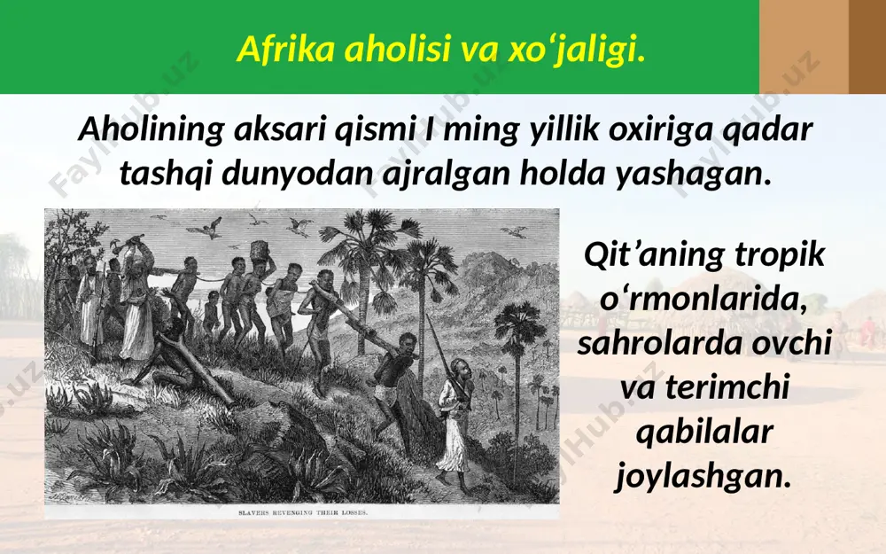 aiflashtirib borgan. bundan foydalangan marokash sultoni xvi asr oxirida songaini bosib oladi. aksum davlati. hozirgi efiopiyaning shimolida qadimda aksum davlati vujudga kelib, uning yuksalishi iv–v asrlarga to‘g‘ri keladi. aksum podsholigi. shoh lalibeli ibodatxonasi vii asrda aksum qo‘shinini arab xalifaligi lashkari mag‘lubiyatga uchratib, arabiston yarimorolining janubidagi yerlaridan mahrum qilgan. aksumdagi vaziyat xi asrga kelib murakkablashib, davlat parchalanib ketadi. savol va topshiriqlar 1. afrikada o‘rta asrlarda yashagan xalqlar va qabilalarni sanab o‘ting. 2. afrika xalqlari xo‘jaligi qanday rivojlangan? 3. gana, mali va songai tarixidan nimalarni eslab qoldingiz? 4. sizningcha, aksum va boshqa afrika davlatlari taraqqiyoti orasida farq bormi? image2.jpg image3.jpeg image4.gif image5.jpeg image6.jpeg image7.jpeg image8.jpeg image9.jpeg image10.jpeg image11.jpeg image12.jpeg image13.jpeg image14.jpeg image15.jpeg image16.emf image17.jpeg image1.jpg
