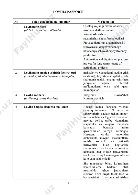 kichlar va logistika xizmatlari mavjud bo‘lib, ushbu xizmatlarni respublika va xalqaro miqyosda ko‘rsatish borasida ayrim qiyinchiliklar yuzaga kelmoqda. hususan, xaridor tomonidan omborlarda mavjud maxsulotlarni topish, sotuvchi va yetkazib beruvchilar bilan bog‘lanish, shartnoma tuzish hamda maxsulot va xizmatga haq to‘lash jarayonlarini tashkillash ortiqcha ovoragarchilik va ko‘p vaqt talab etiladi. shu munosabat bilan, ko‘rsatilgan kamchiliklarni bartaraf etish maqsadida ushbu jarayonlarni elektron tizim orqali tashkillash va boshqarishni avtomatlashtirishga mo‘ljallangan elektron platformasini yaratish maqsadga muvofiq hisoblanadi. tatu farg‘ona filiali olimlari tomonidan taklif etilayotgan loyiha orqali mahsulot va xizmatlarni taqdim etish (reklama), buyurtmalar qabul qilish, shartnoma tuzish, amalga oshirilgan jarayonlar haqida statistik ma’lumotlarni olish kabi qator imkoniyatlarni taqdim etadi. 5 tashkilotning nomi (arizachi) · ilmiy-tadqiqot muassasalari · ishlab chiqarish yoki xizmat ko‘rsatish sohasidagi, xususiy korxonalar · xususiy tadbirkor · dehqon yoki fermer xo‘jaligi · erkin izlanuvchi · frilanser · boshqalar · oliy ta’lim muassasalari tatu farg‘ona filiali 6 yuridik shaxsning stiri, ro‘yxatdan o‘tganligi to‘g‘risidagi guvohnomasi …